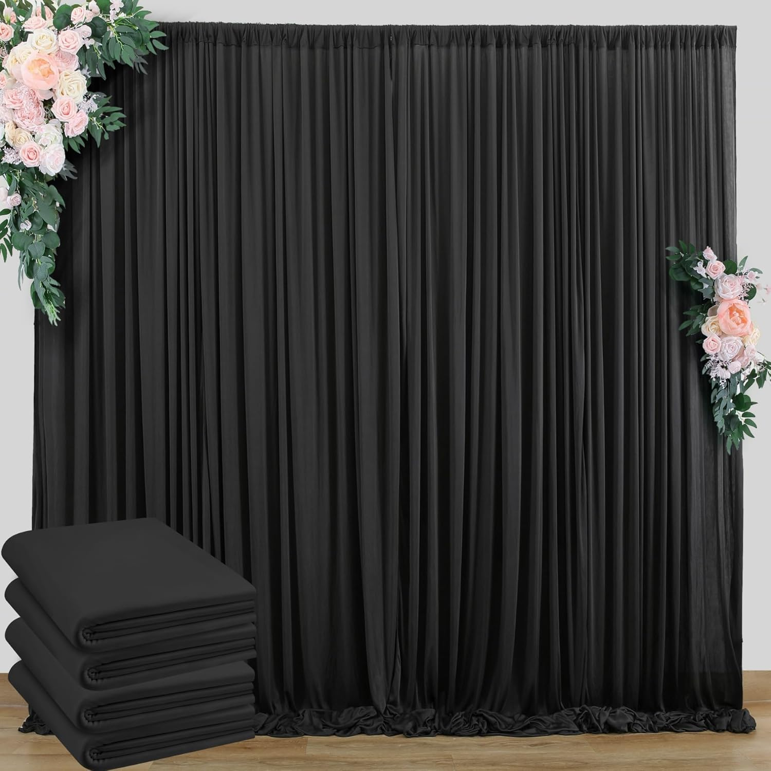 20 Ft X 10 Ft Wrinkle Free Black Backdrop Curtain for Parties, 4 Panels 10Ft Polyester Black Photo Backdrop Drapes for Graduation Birthday Wedding Party Stage Curtains