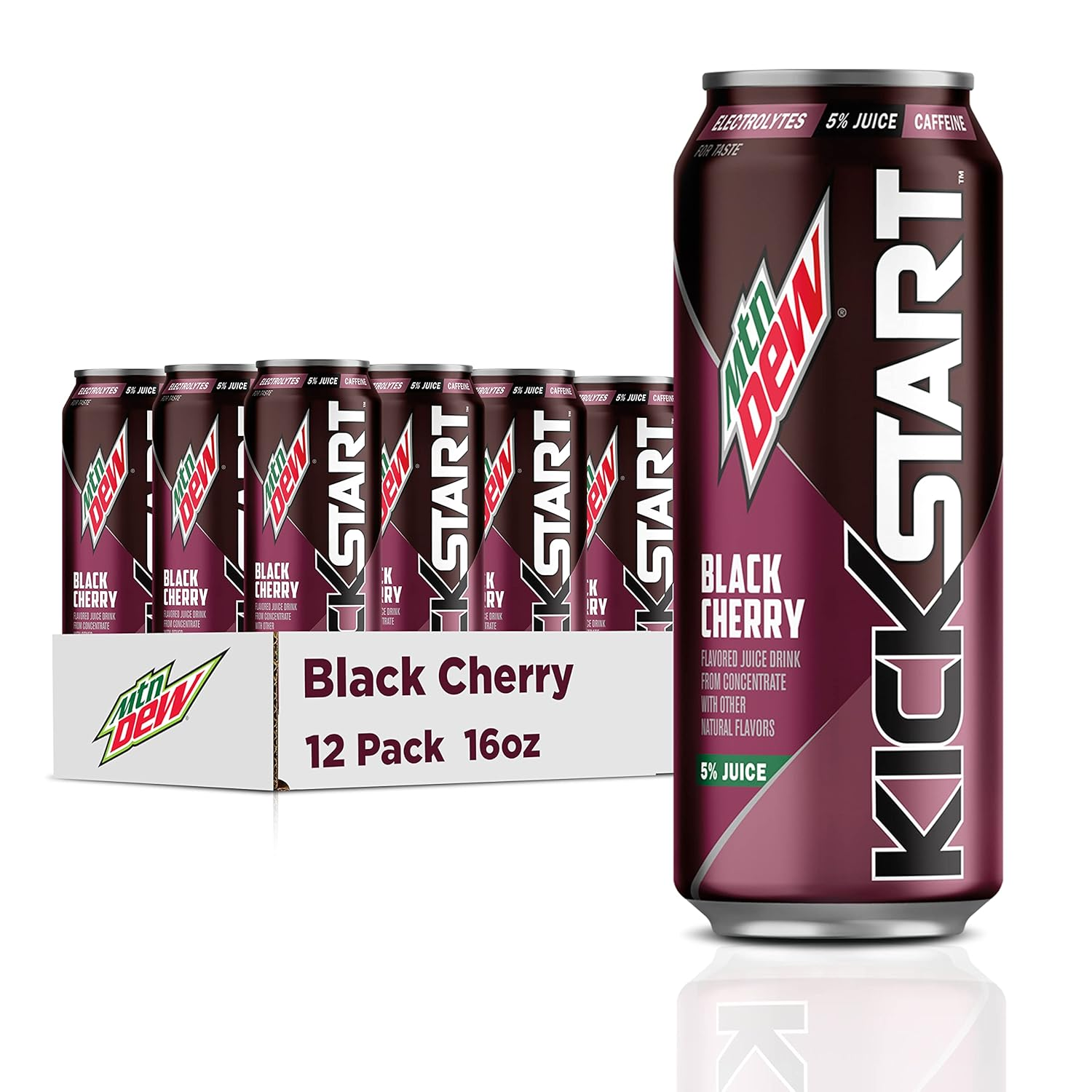 Mountain Dew Kickstart, Black Cherry, 92Mg Caffeine, Vitamins B & C, 80 Calories, 5% Juice, 16 Fl Oz (12 Count)