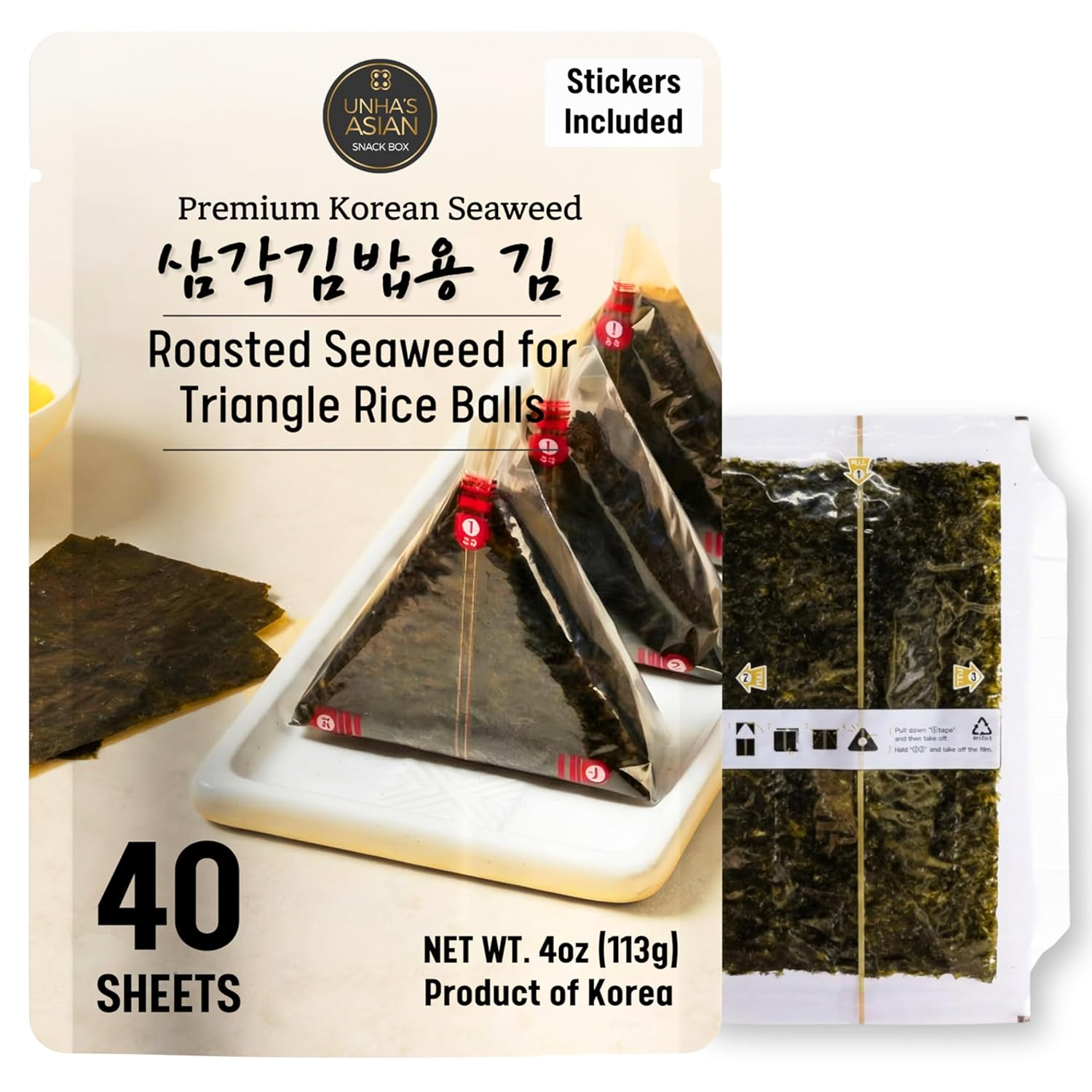 Unha's Korean Onigiri Seaweed Wrapper, 40 Sheets — Pre-Cut Triangle Nori for Rice Balls, Kimbap, Sushi — Individually Sealed, Roasted, No Additives — All Natural, Made in Korea