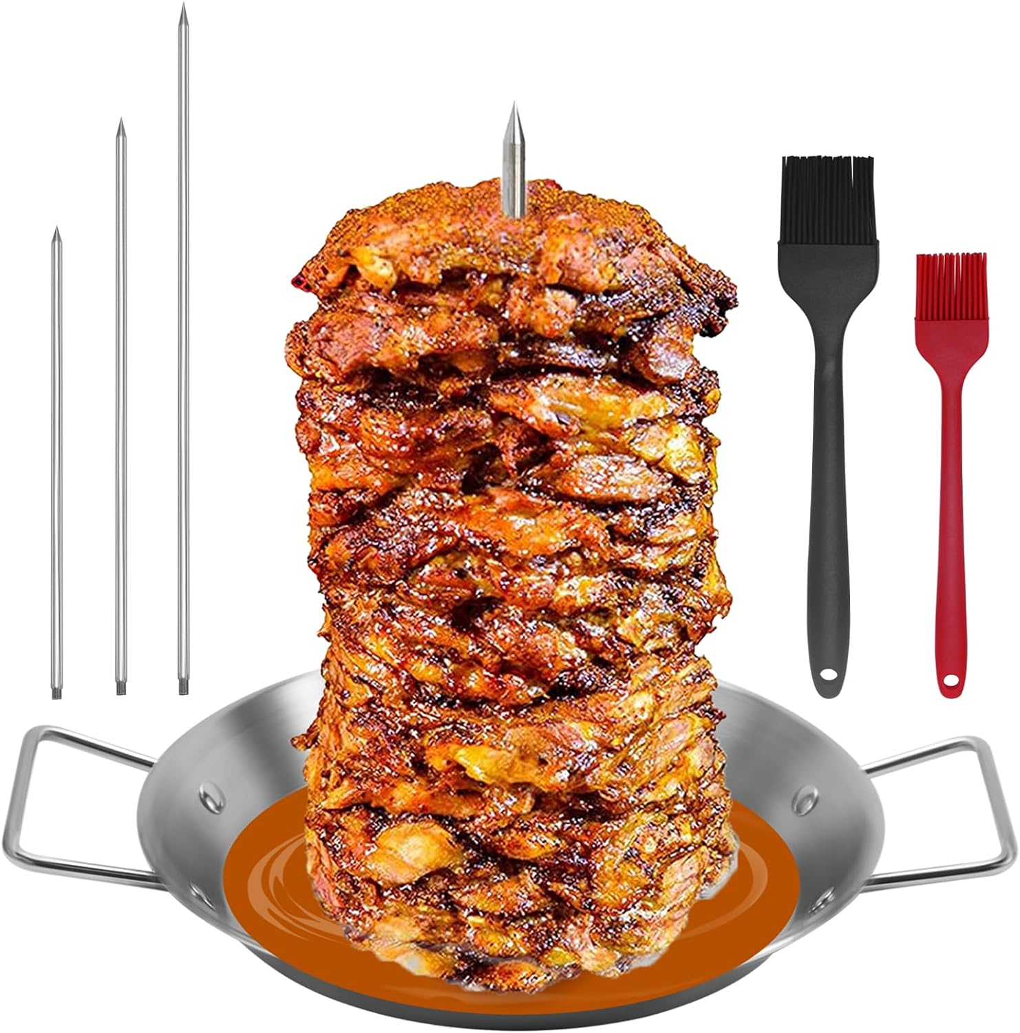 Al Pastor Skewer for Grill, Stainless Steel Vertical Skewer, Brazilian Vertical Spit Stand with 3 Removable Spikes(8”/10