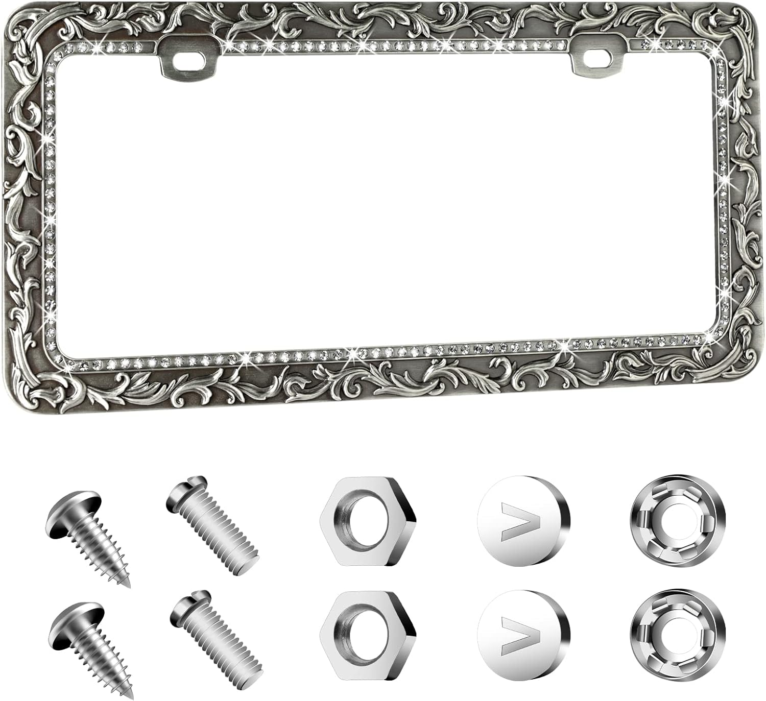 Gel Metal Car License Plate Frames,Antique Old Pattern Printing, Bling Crystal Rhinestones Inlaid,Universal 2 Holes Automotive Replacement Parts Plate Holder(1 Pack)