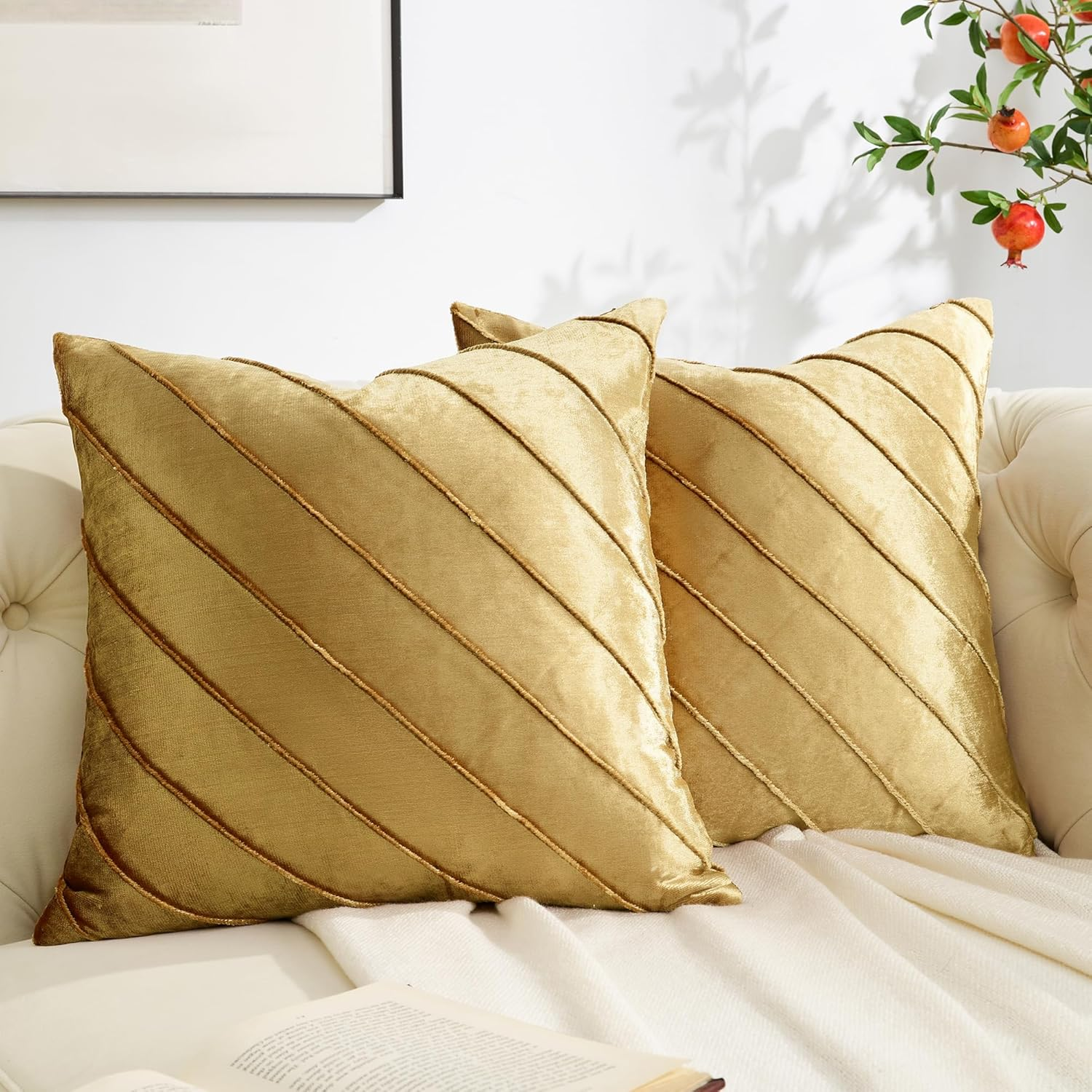 Decorative Velvet Pillow Covers 18X18, Set of 2 Gold Sofa Couch Throw Pillows Covers Cases, Living Room Square Cushion Accent Stripe Covers