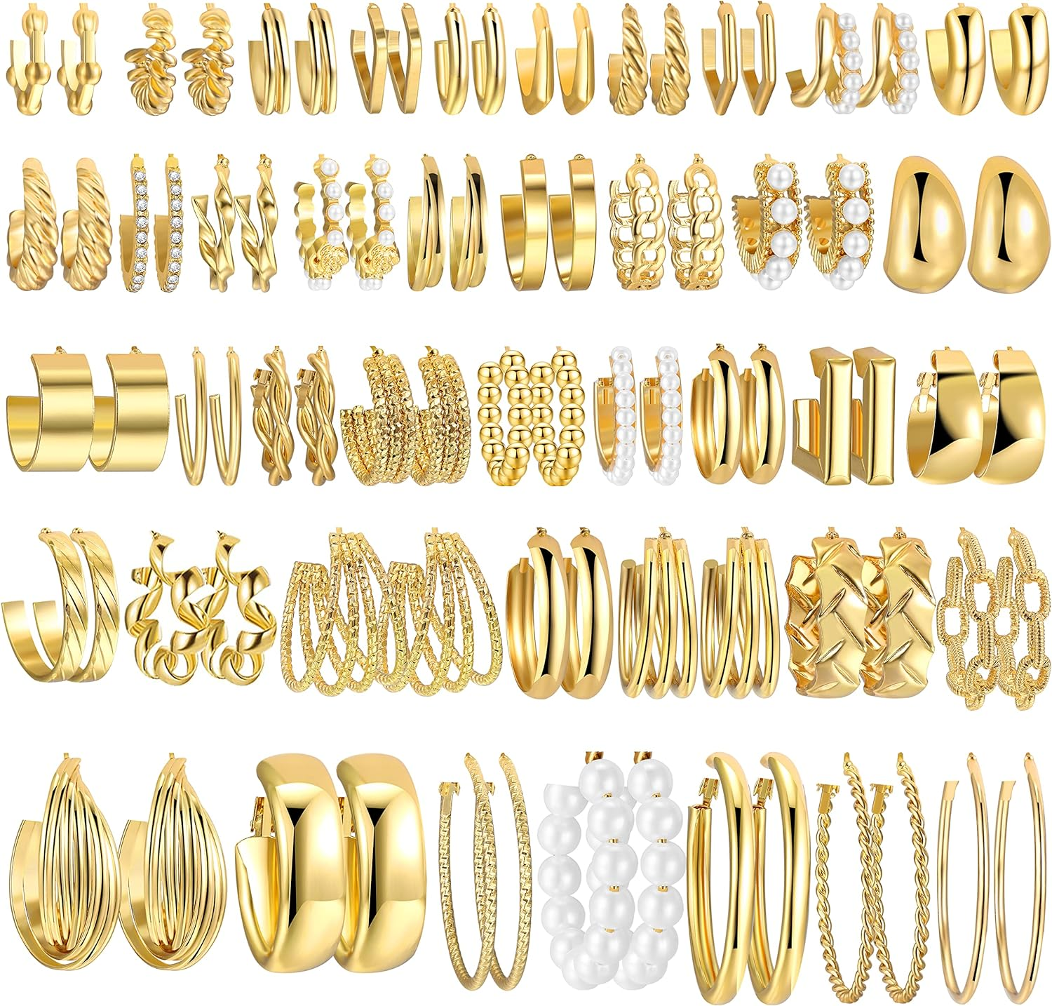 42 Pairs Gold Hoop Earrings Set for Women, Fashion Chunky Pearl Earrings Multipa