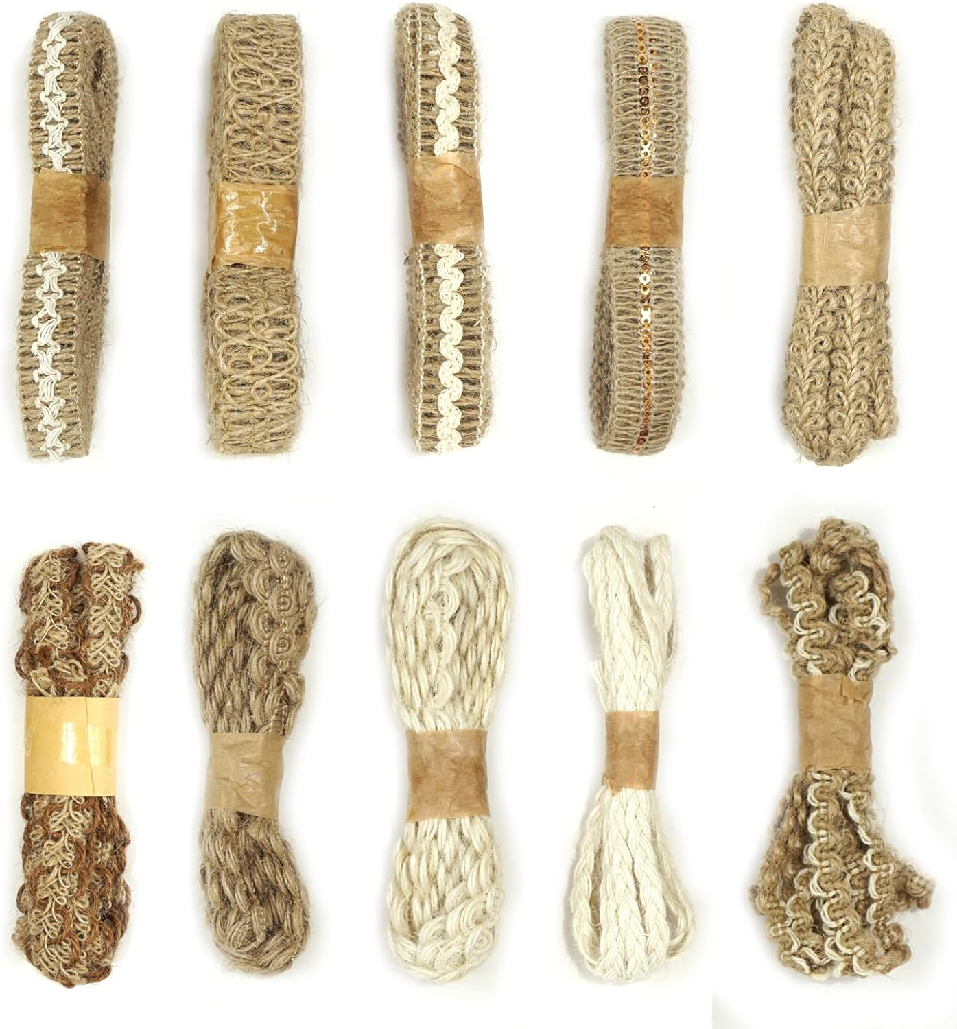 10 Rolls Jute Ribbon, Natural Burlap and Lace Craft Ribbons, Rustic Wedding Decorations and Present Wrapping Supplies, Boho Vintage Style Ribbon for DIY Crafts and Flower Bouquets