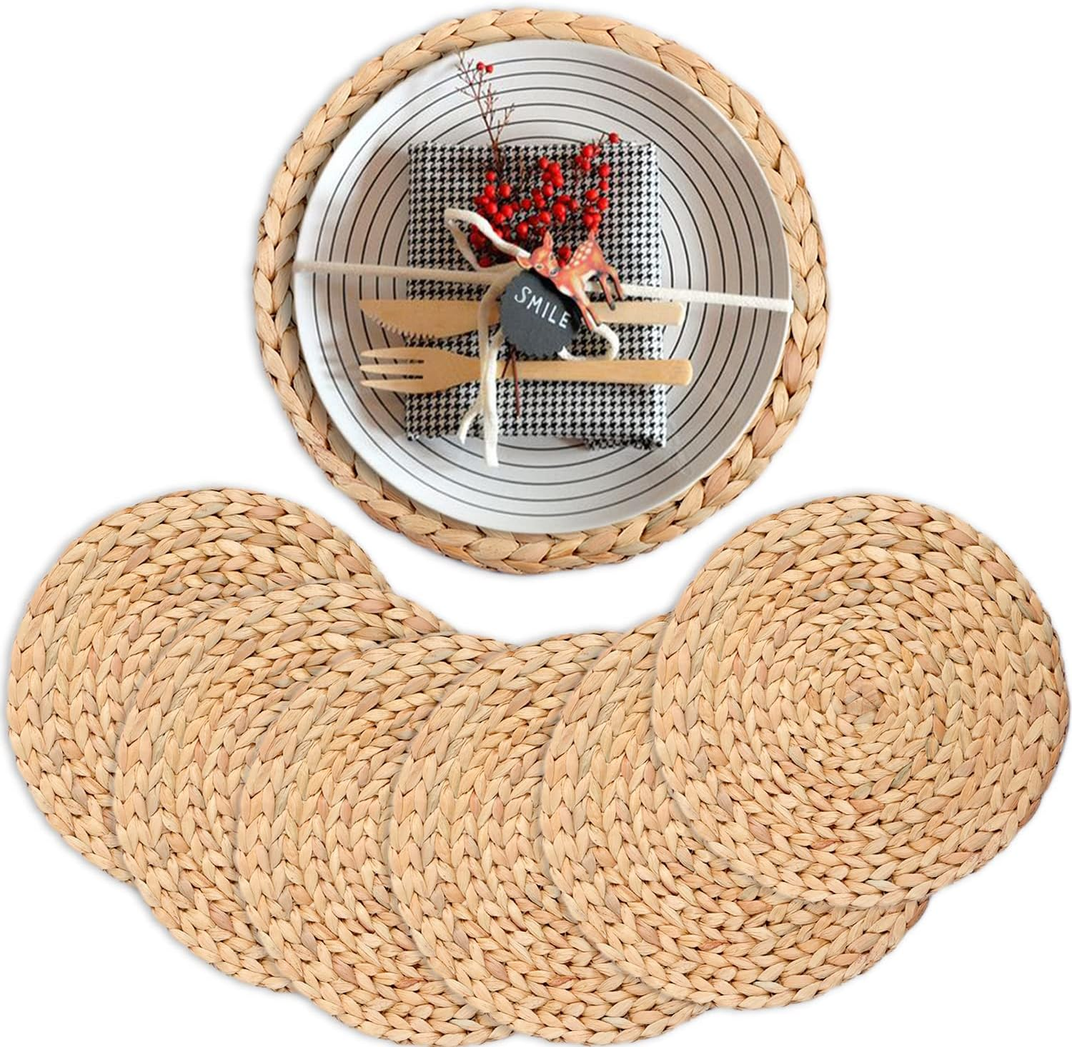Water Hyacinth Placemats, Square Placemats Set of 6, Plate Chargers Set of 6, Rattan Charger, Dinner Mats, Rattan Plate Chargers Set of 6, Wicker Plate Holders, Woven Table Mats 12 in (6)