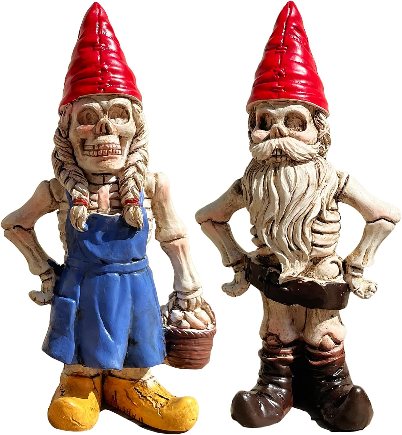 2PCS Male and Female Halloween Skeleton Gnome Couple Garden Statue Zombie Gnome Sculptures Resin Dwarf Figurines for Indoor Home Ornaments Outdoor Patio Yard Lawn Porch Decor
