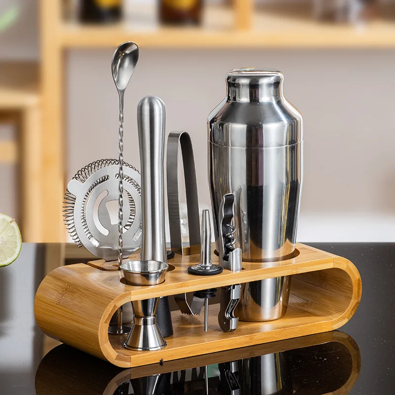 Stainless Steel Cocktail Shaker Cup Bartender Tool Set with Bamboo Base 750ml