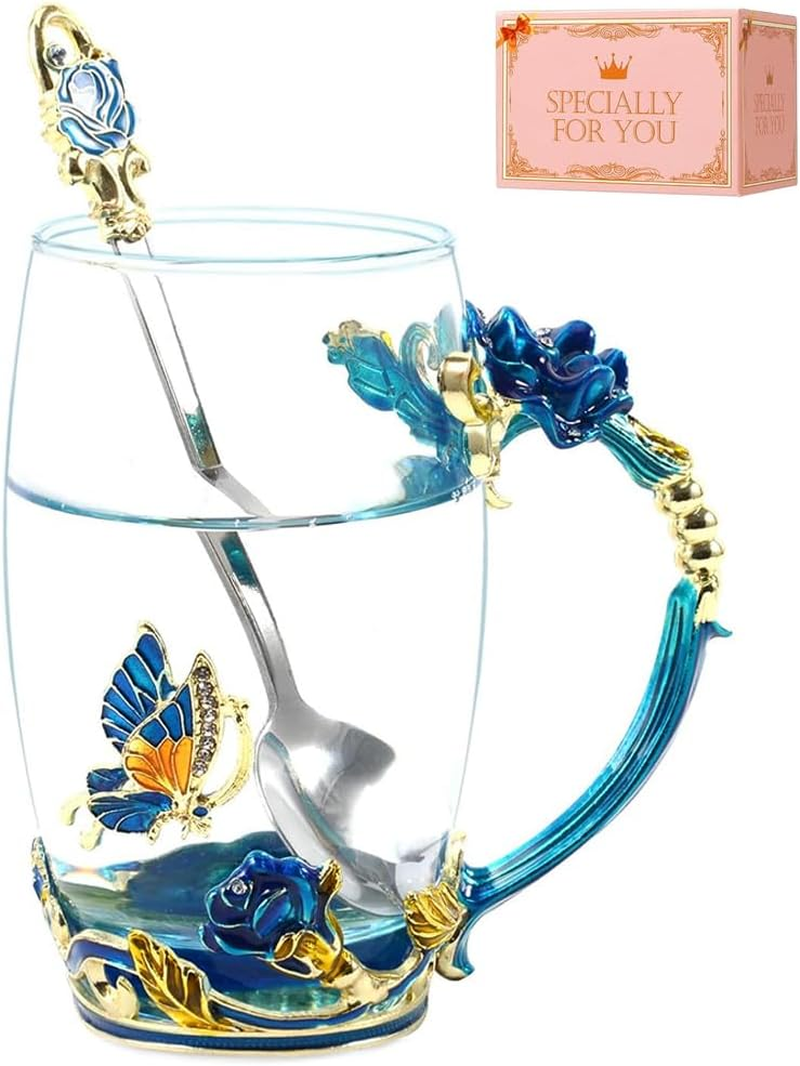 Birthday Gifts for Women,Butterfly Flower Glass Tea Cup Sky Blue Rose Coffee Mug Gift for Women Mom Wife Sister Coworker Female Friend on Christmas Anniversary Mothers Valentines Day Presents
