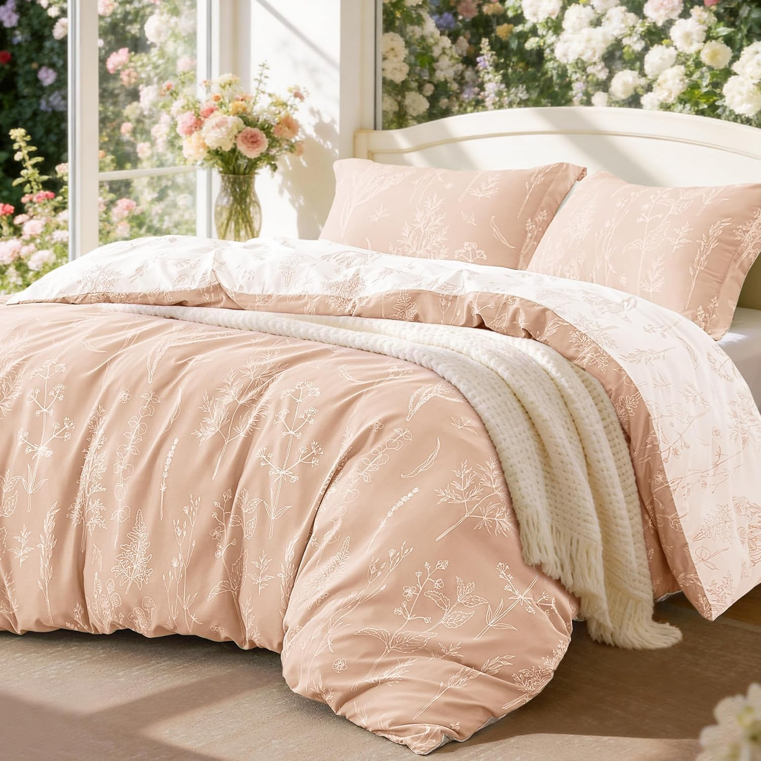 Pink Full Size Comforter Set - Full Comforter Set, 3 Pieces Cute Floral Bedding Sets for All Seasons,1 Soft Reversible Botanical Flowers Comforter and 2 Pillow Shams