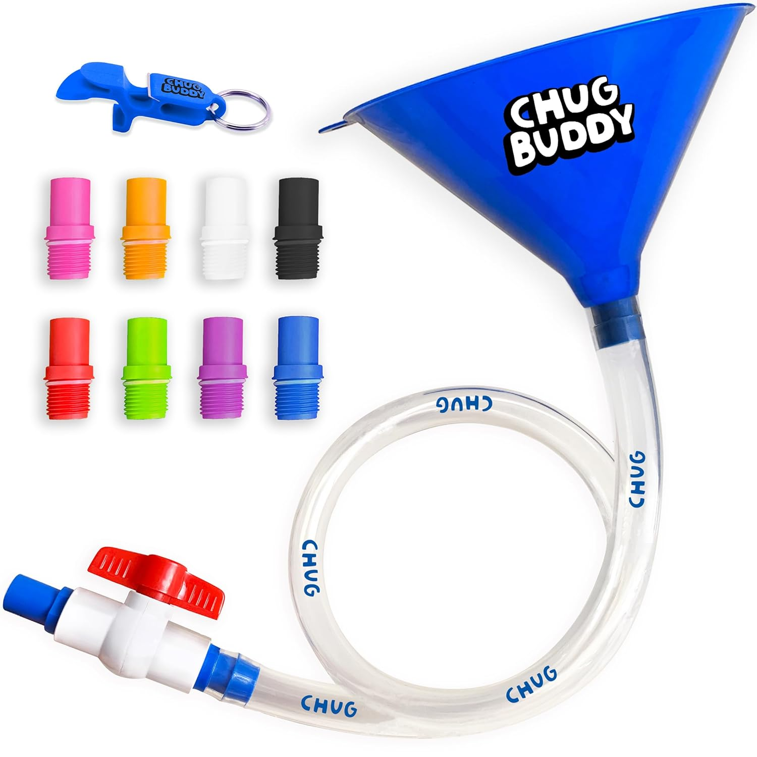 Beer Bong Tube and Funnel with Valve, 8 Interchangeable Mouthpieces, Shotgun Keychain Tool - Kink-Free 3Ft Hose for Beerbong, College Party, Drinking Games