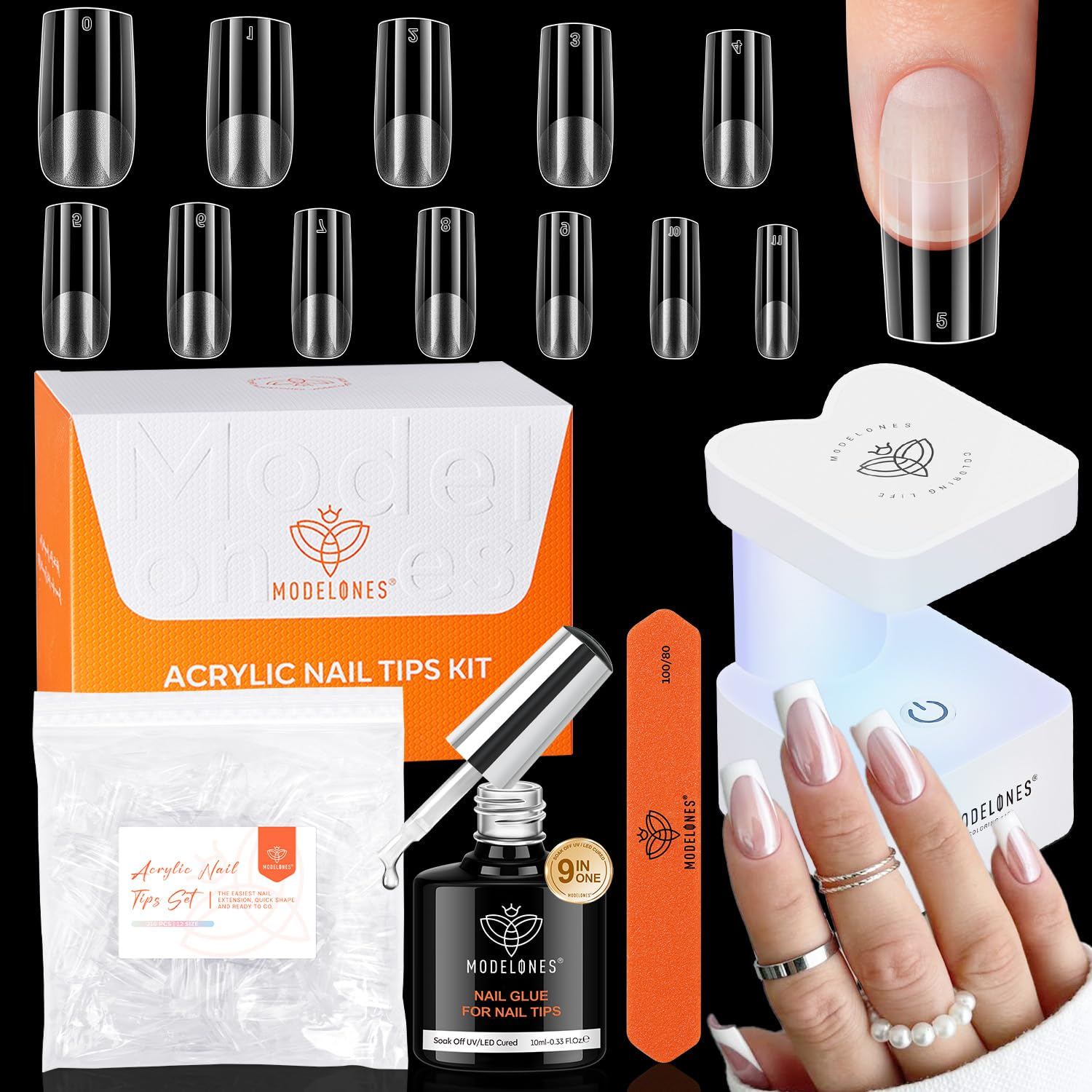 X Nail Gel Kit Medium Square, 9-In-One Nail Glue with Mini UV Light 216Pcs 12Sizes Pre-Etched Press Ons Fake Acrylic Extension Kit DIY Salon Gift