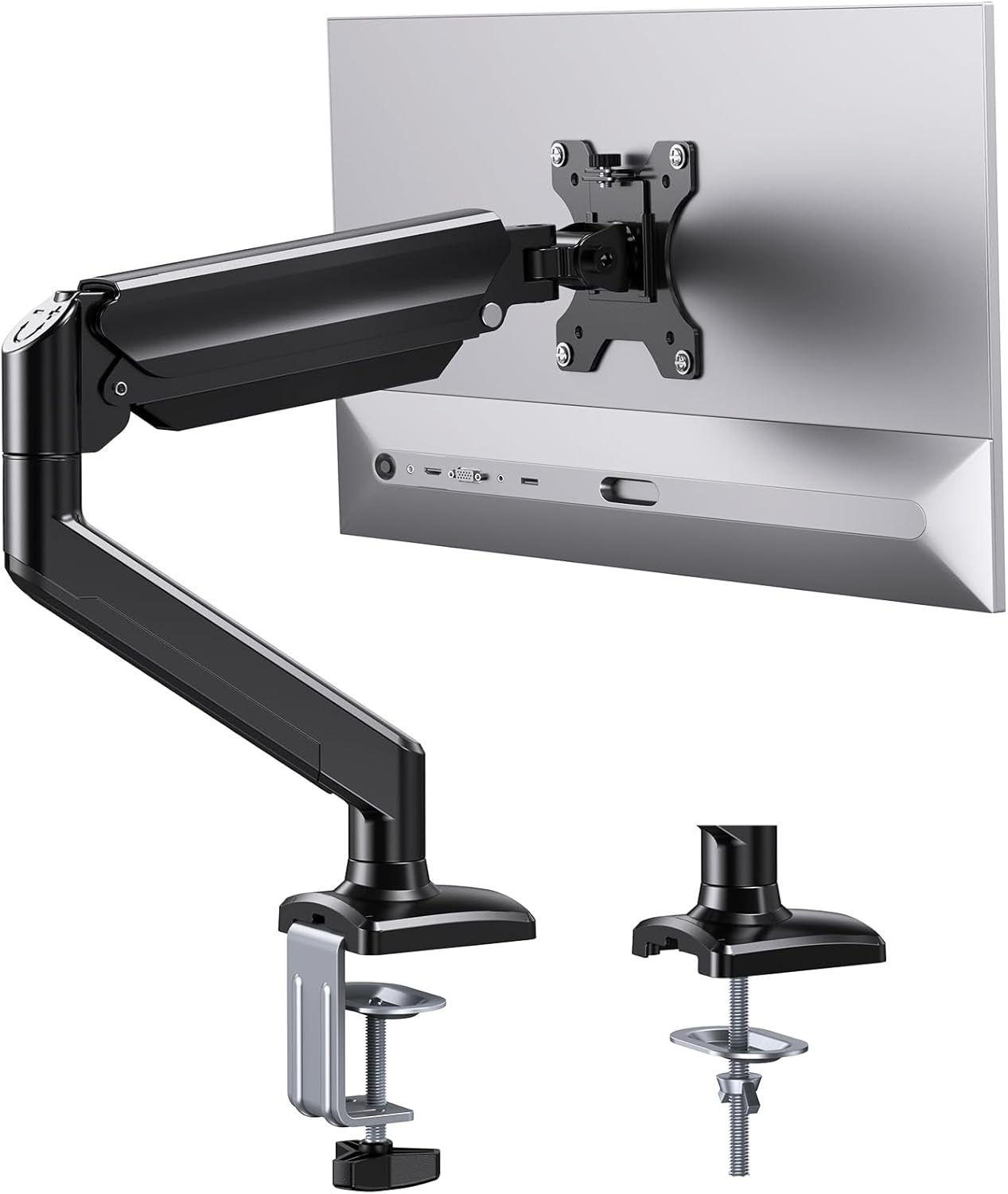 Single Monitor Arm for 13-34 inch Screens, Adjustable Pneumatic Spring Monitor Mount Holds up to 22 lbs, Computer Monitor Stand with VESA Mount, C-Clamp & Grommet Base, Max VESA 100x100mm