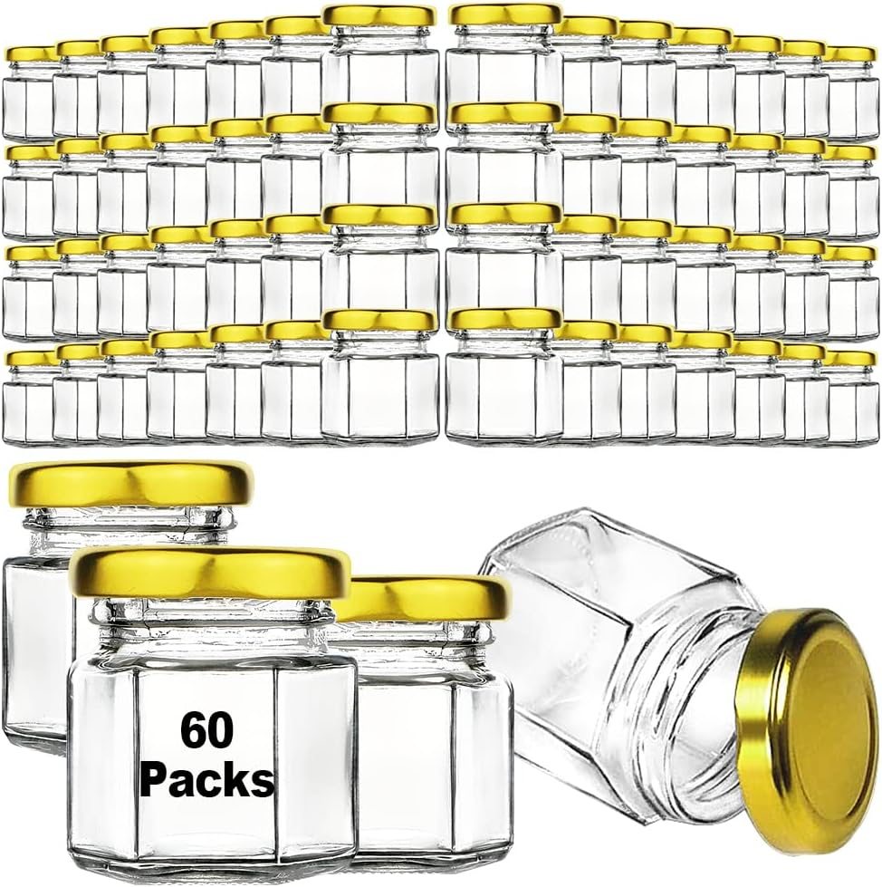 60 Pcs Small Glass Containers with Airtight Lids, 1.5 Oz Mini Honey Jars for Wedding Favor, Baby Shower, Small Hexagon Candle Jars for Making Candles, Body Butter, Jam, Spices, Herbs, DIY Gift