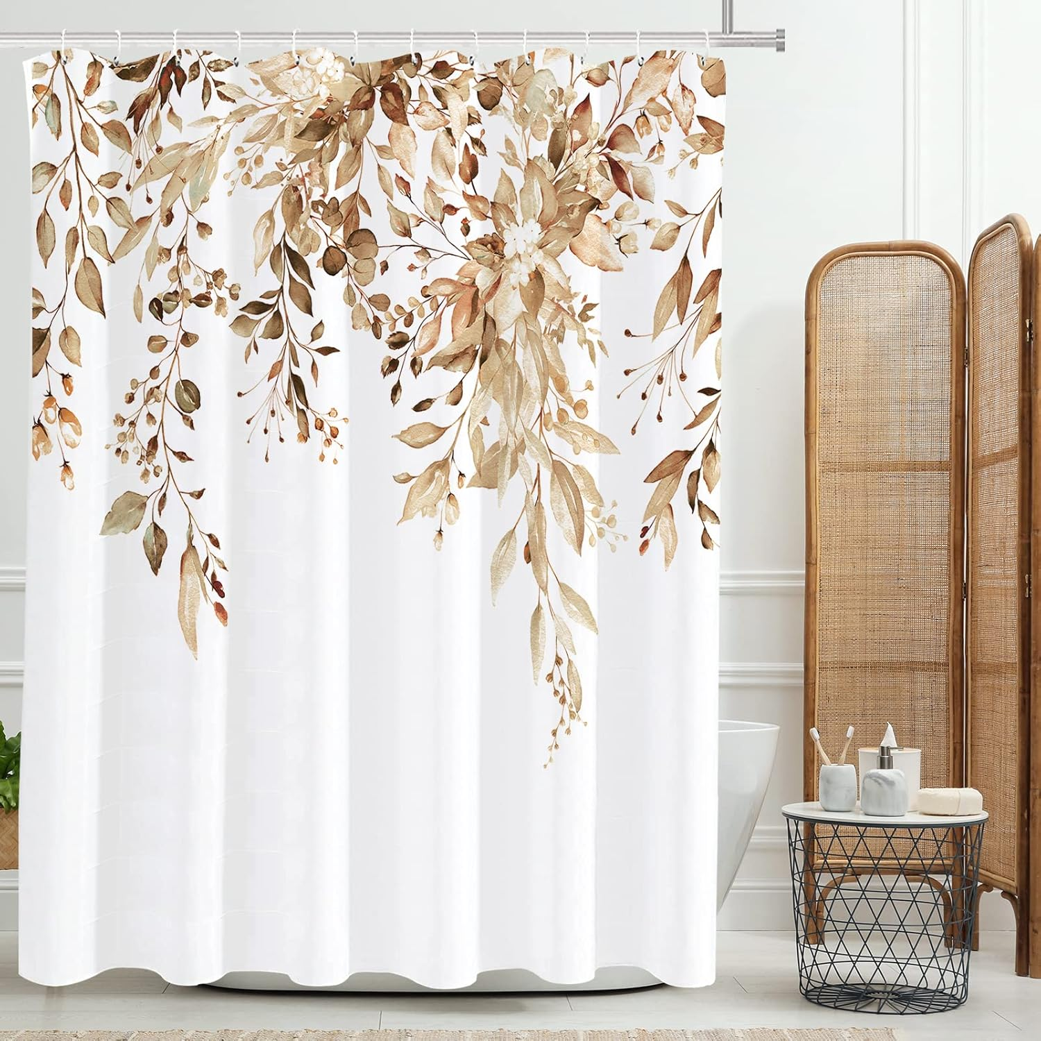 Tititex Tan Eucalyptus Shower Curtain, Watercolor Brown Leaves on the Top Plant with Floral Bathroom Decoration Shower Curtain Sets 72X72 Inch with Hooks