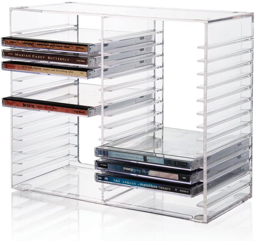 Stori Stackable Clear Plastic CD Organizer with Rubber Feet | Rectangular Jewel Cases Holder Perfect for Theatre Room | Holds up to 30 CD Cases | Made in USA