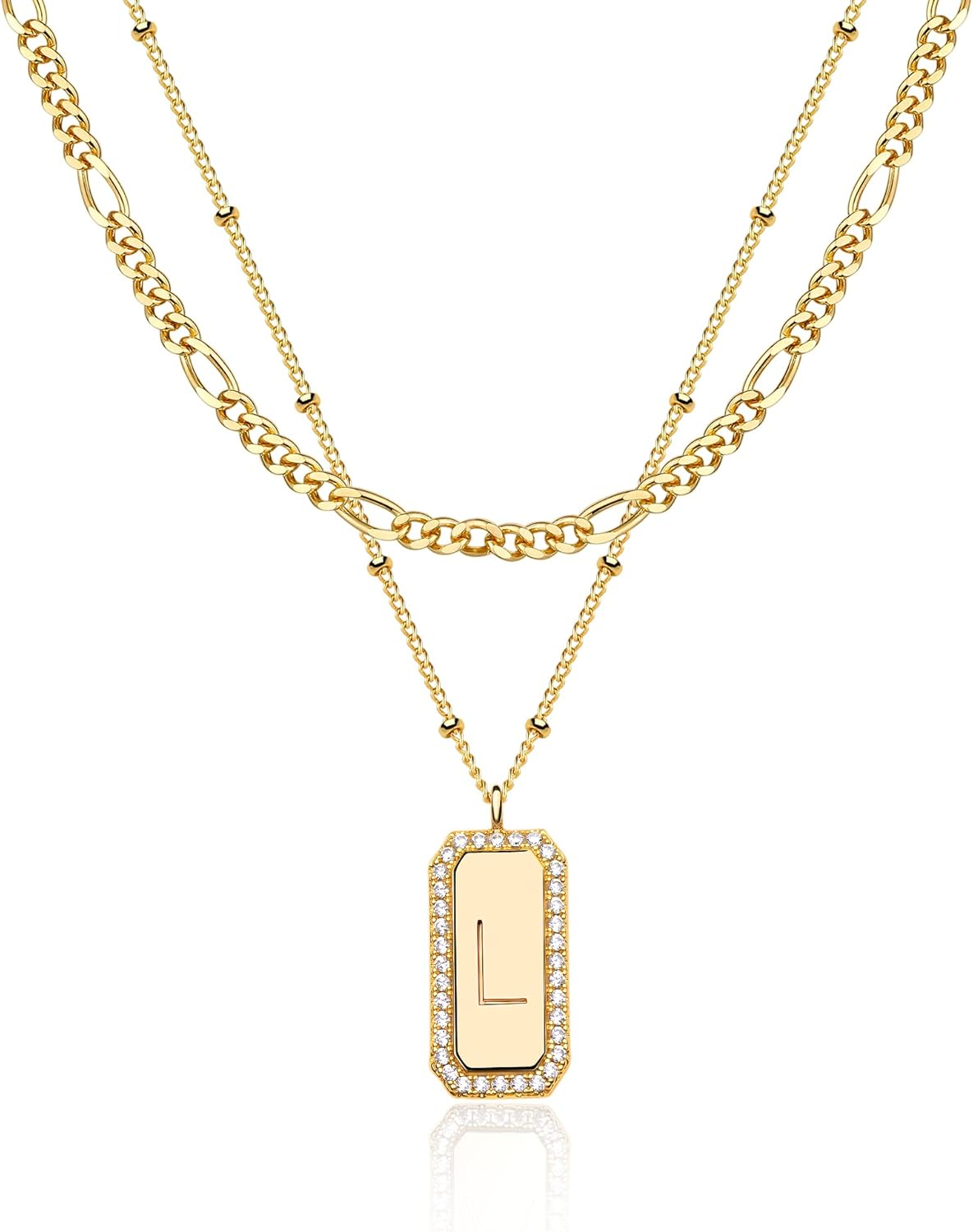 Gold Initial Necklace for Women 14K Gold Plated Figaro Chain Choker Layered Necklaces Set Bar Rectangle Pendant Necklaces Simple Dainty Letter Necklace Everyday Gold Jewelry