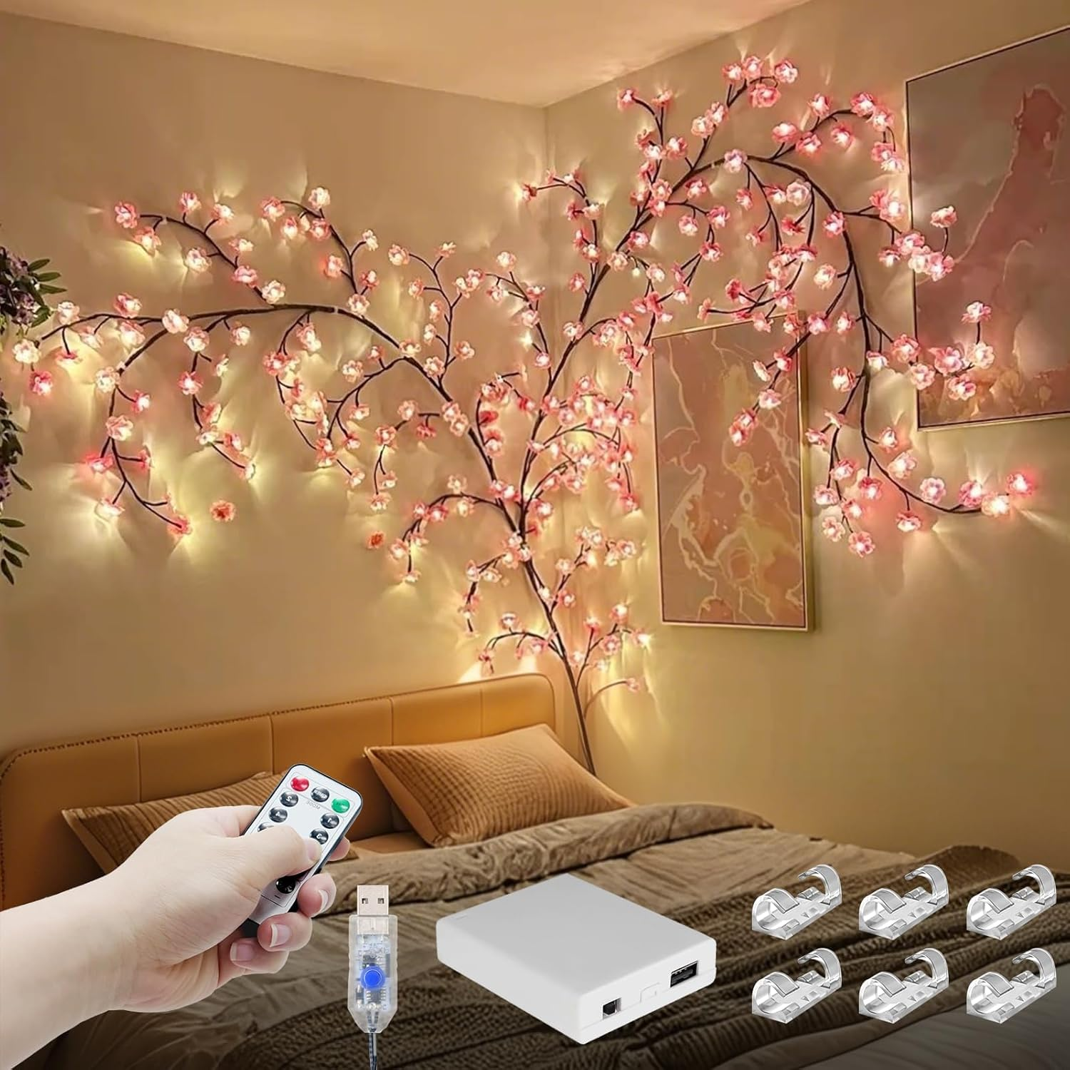 Cherry Enchanted Willow Vine Lights 7.55FT 144LED Pink Cherry Blossom Tree Branch Lights for Wall, Remote Timer,8 Light Model,Bedroom Wall Doors Wedding, Christmas, USB Battery Box