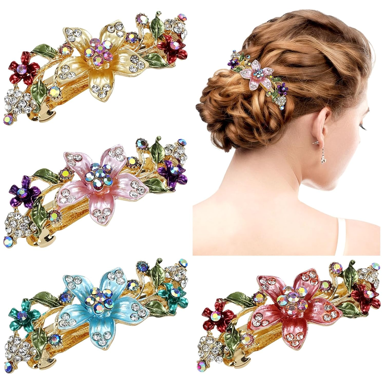 Insowni 4 Pieces Vintage Gold Metal Sparkly Rhinestone Flower French Hair Barrettes Floral Snap Hair Clips Clasps Accessories for Women Girls