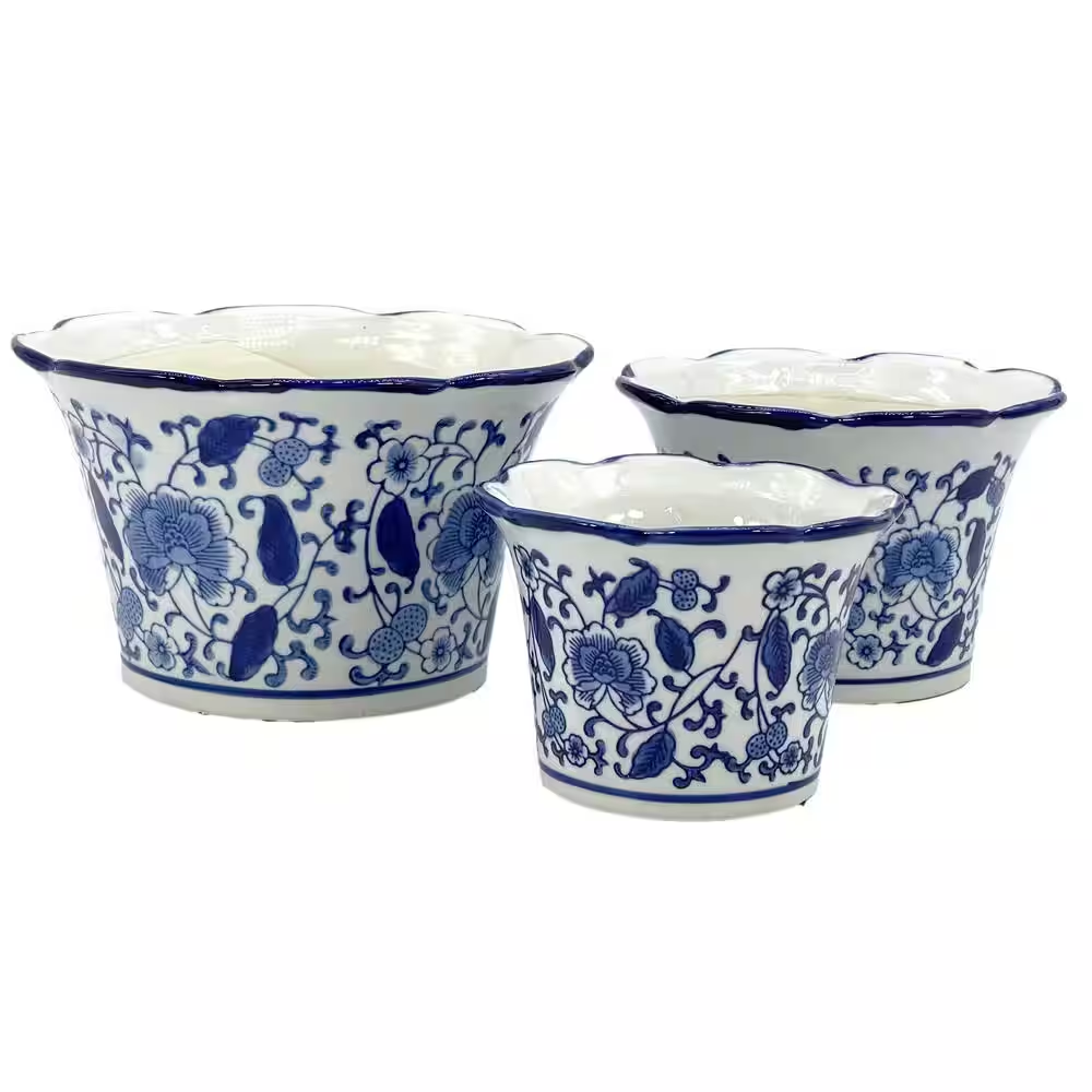 Set of 3 Blue & White Floral Ceramic Pots Ruffled Lip