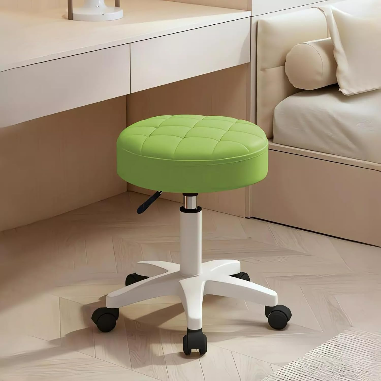 Adjustable Rolling Stool with Quilted Cushion Seat, Elevatable Base, 360° Swi... - Picture 2 of 3