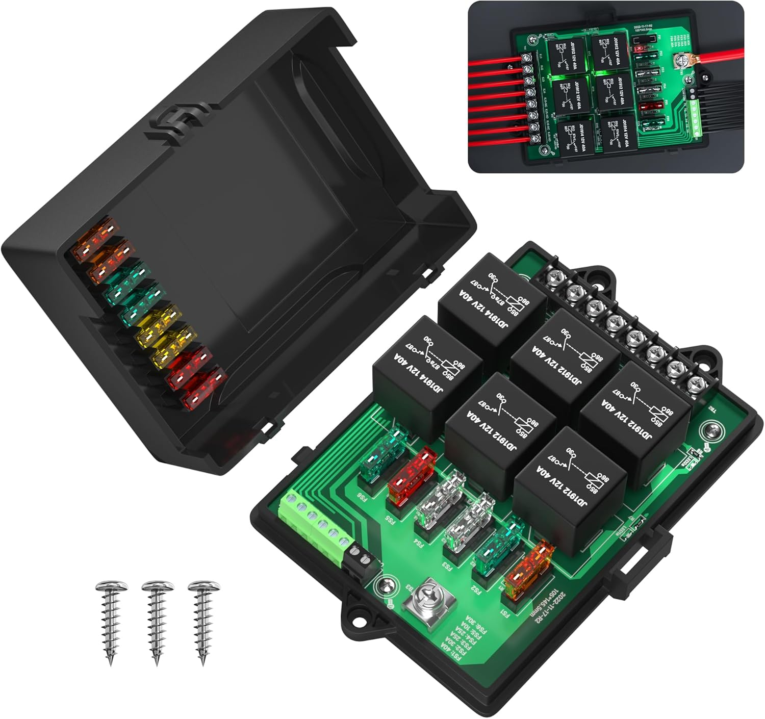 Relay Box Fuse Relay Box 12V Automotive Universal Fuse Panel with 6 Way Relays and 14 X ATC/ATO Blade Fuses 12 Volt Fuse Box Waterproof with Led Light and Relay Module