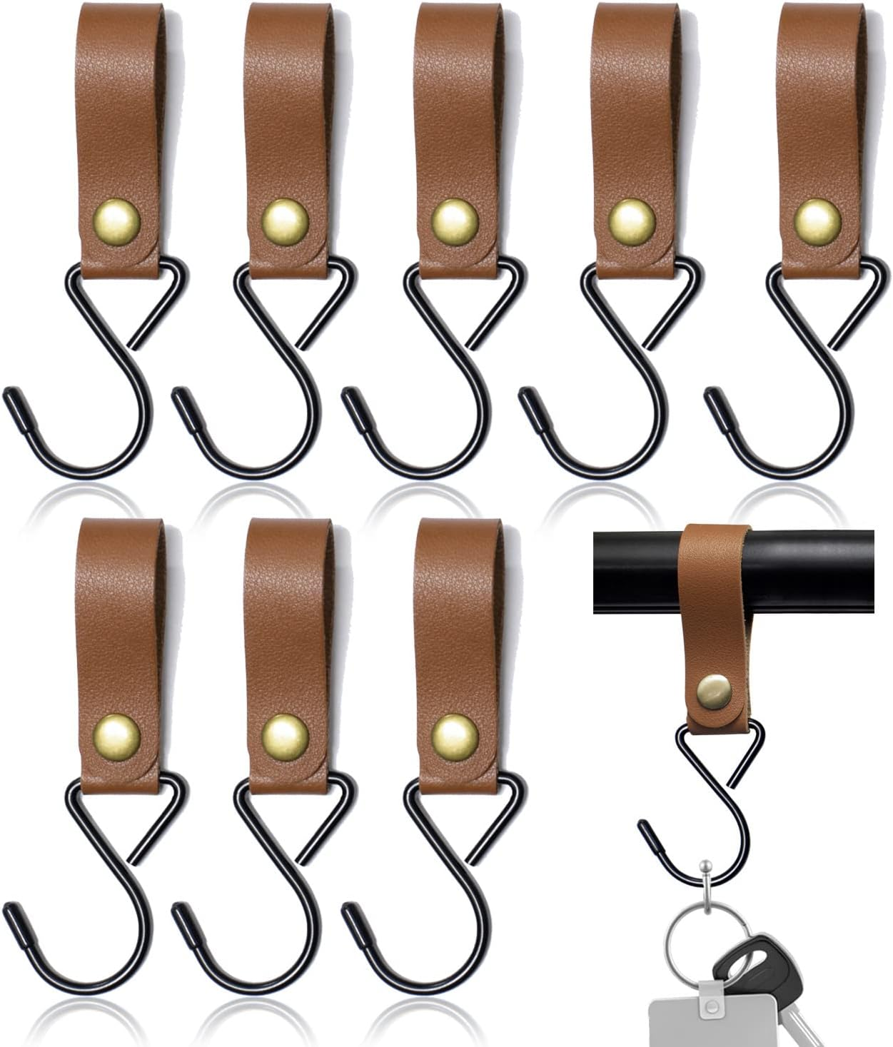 Modixun 8 Pack Leather S-Hooks, S Shaped Hooks Hanger for Hanging, Camping, Kitchen, Bathroom, Coat, Towel, Brown