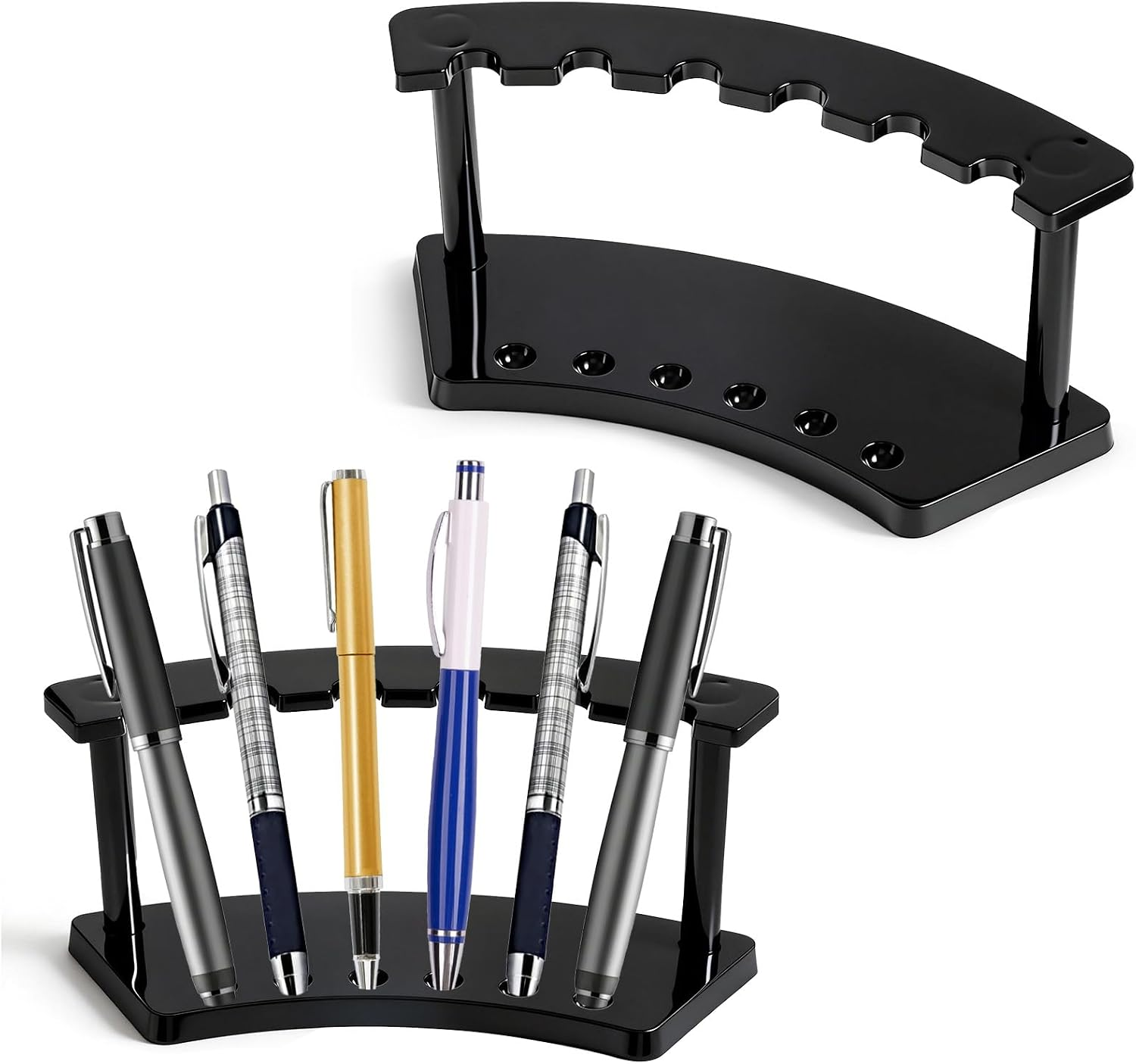 2 Pieces Pen Display Stand, Fountain Pen Holder, 6-Slot Pens Display Rack Organizer for Makeup Brush, Eyebrow Pencil, Office, Home, and Store, Black
