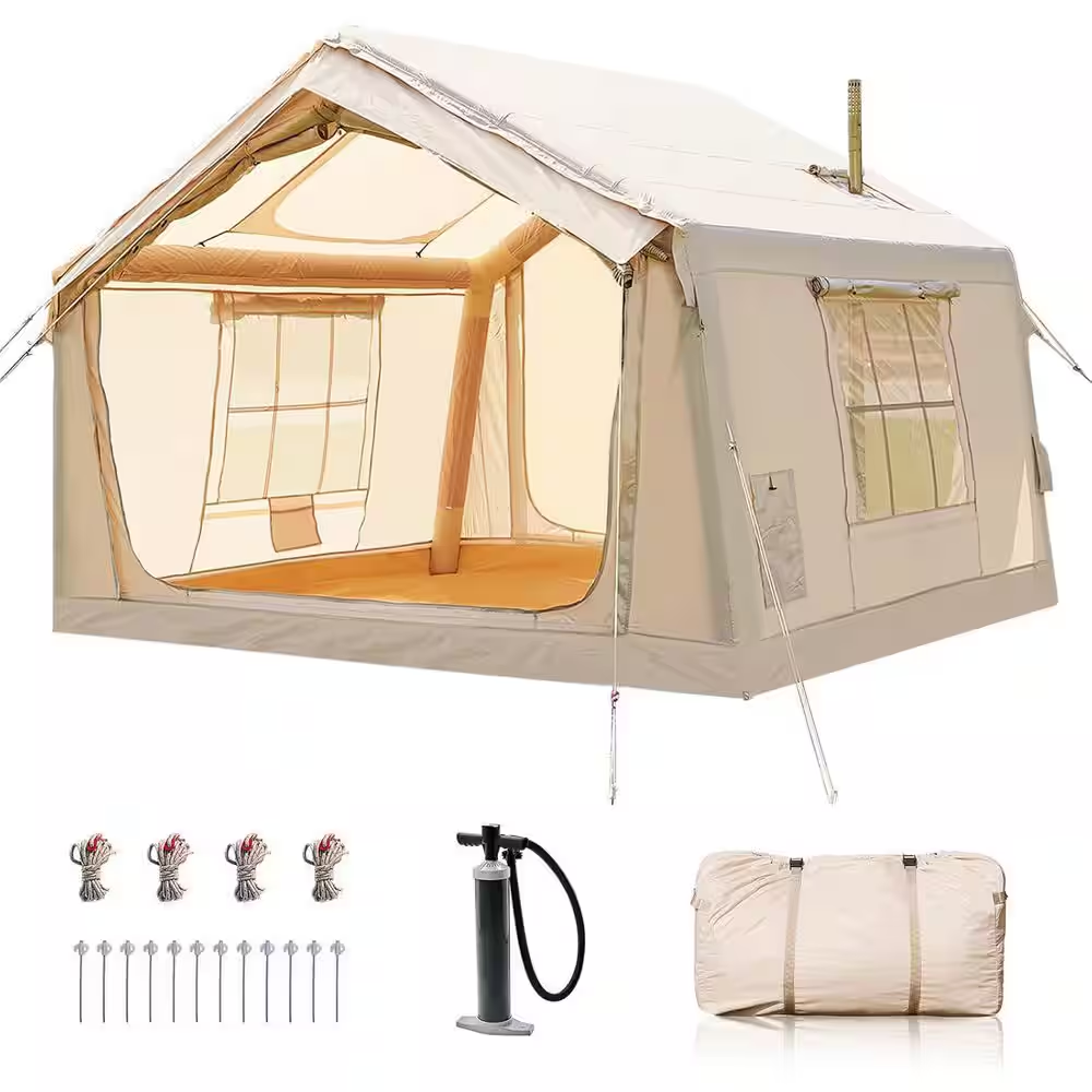 6-8 Person Inflatable Camping Tent with Hand Pump and Carry Bag 4 Seasons Air Glamping Tents Waterproof Blow up Tent