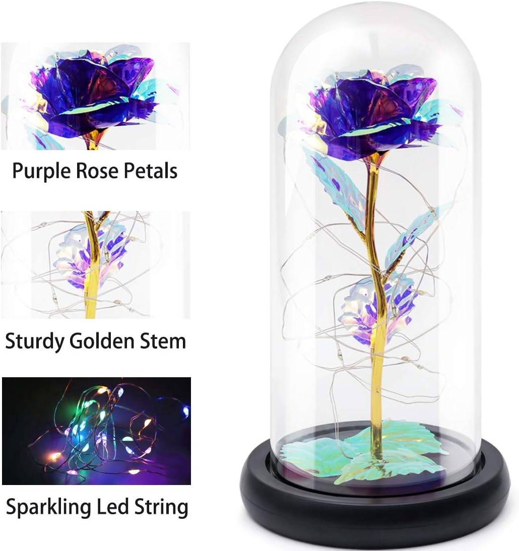Beauty and the Beast Rose Gift Enchanted Colorful Led Galaxy Crystal Rose Flower Light in Glass Dome, Unique Gifts for Her, Women, Valentine'S Day, Mom, Mother'S Day, Birthday, Christmas