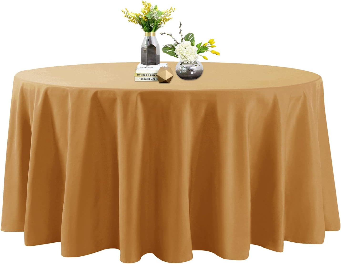 120 Inch round Tablecloth - Stain and Wrinkle Resistant Washable Polyester Table Cloth, Decorative Table Cloth for Dining Table, Buffet Parties and Wedding, Gold