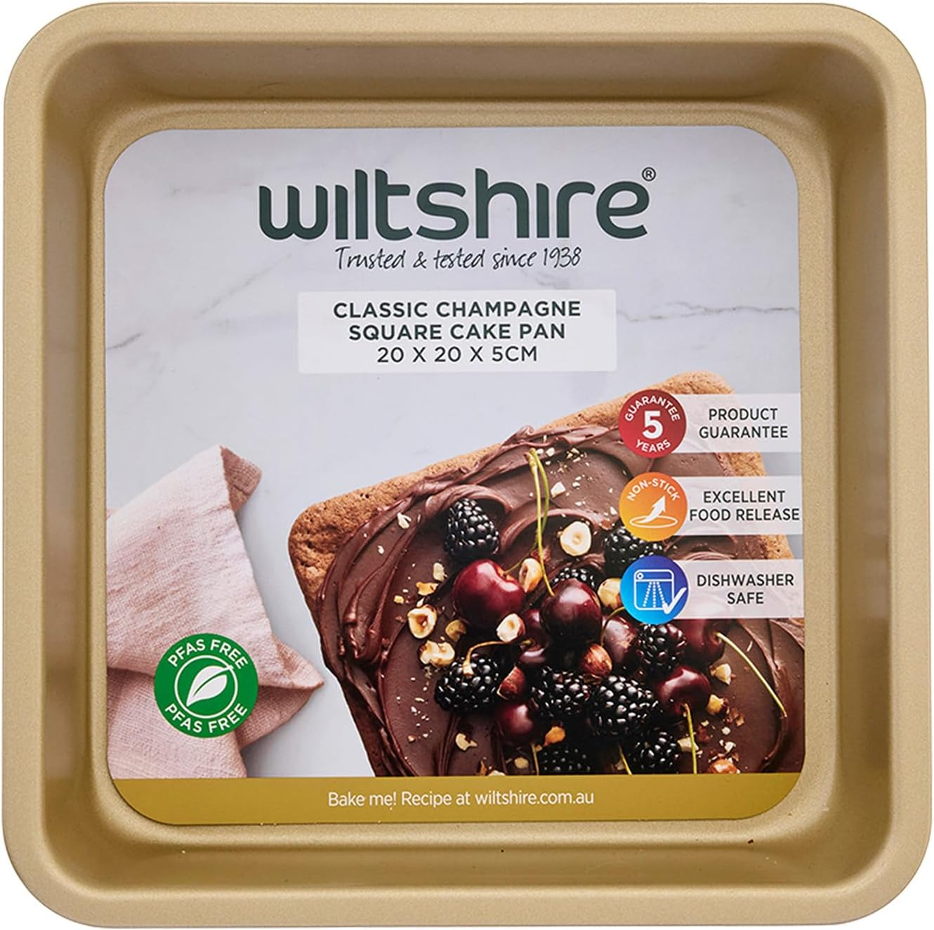 Champagne Gold Square Cake Pan 20Cm – PFAS Free Non-Stick 20 X 20Cm Baking Tin, Oven Safe to 220°C, Dishwasher Safe Square Cake Mould for Brownies & Tray Bakes