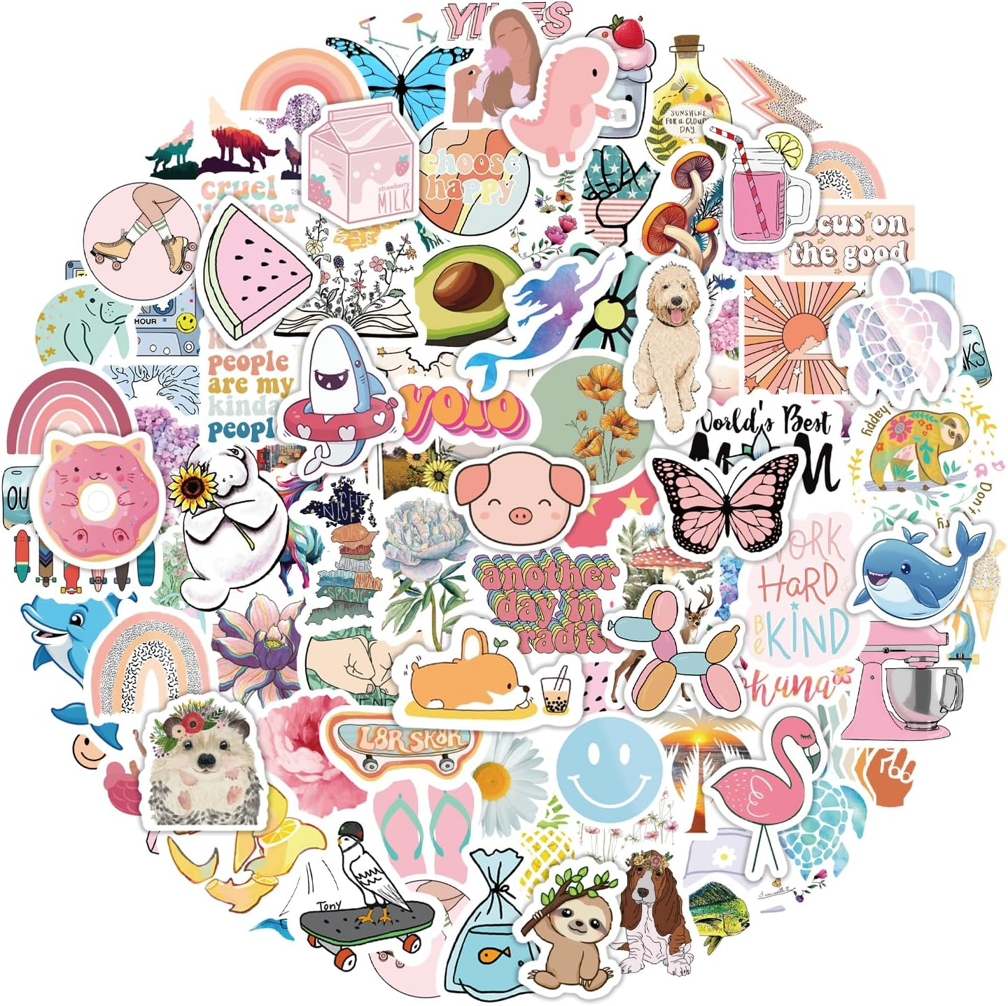 200Pcs Water Bottle Stickers for Kids, Cute Stickers for Water Bottles, Vinyl Waterproof Aesthetic Laptop Sticker Pack Classroom Prizes Skateboard for Kids Teens Girls Students (Cute-200pcs)