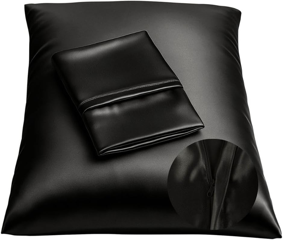 Black Satin Pillowcase with Zipper for Hair and Skin Care, Feels Soft and Cool like a Silk Pillowcase, Satin Pillow Cases 2 Pack, Slik Pillow Cover, Queen Size - 20X30