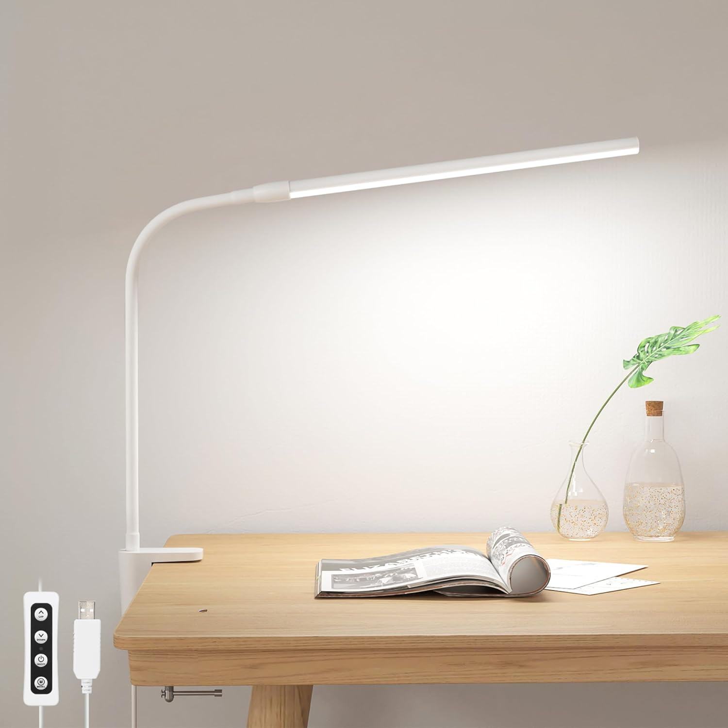 Desk Lamp with Clamp, LED Clip on Light, Dimmable Reading Light with 3 Color Modes 10 Brightness, Eye-Caring Flexible Gooseneck Table Lamp for Home Office, White