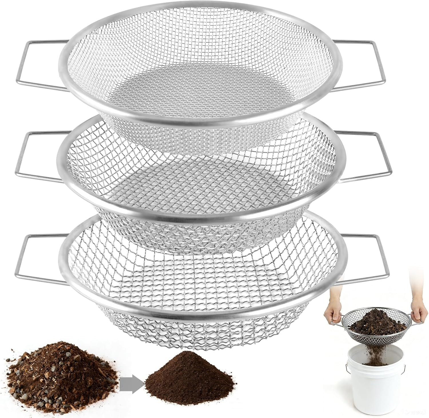 Soil Sifter for Gardening, 3Pcs Rock Sifter for 5 Gallon Bucket, Heavy Duty Garden Sieve with Handles, 1/4, 1/8, 3/8 Inch Mesh Sifting Screen Pan Tray for Compost, Dirt, Sand, Gravel, Sawdust