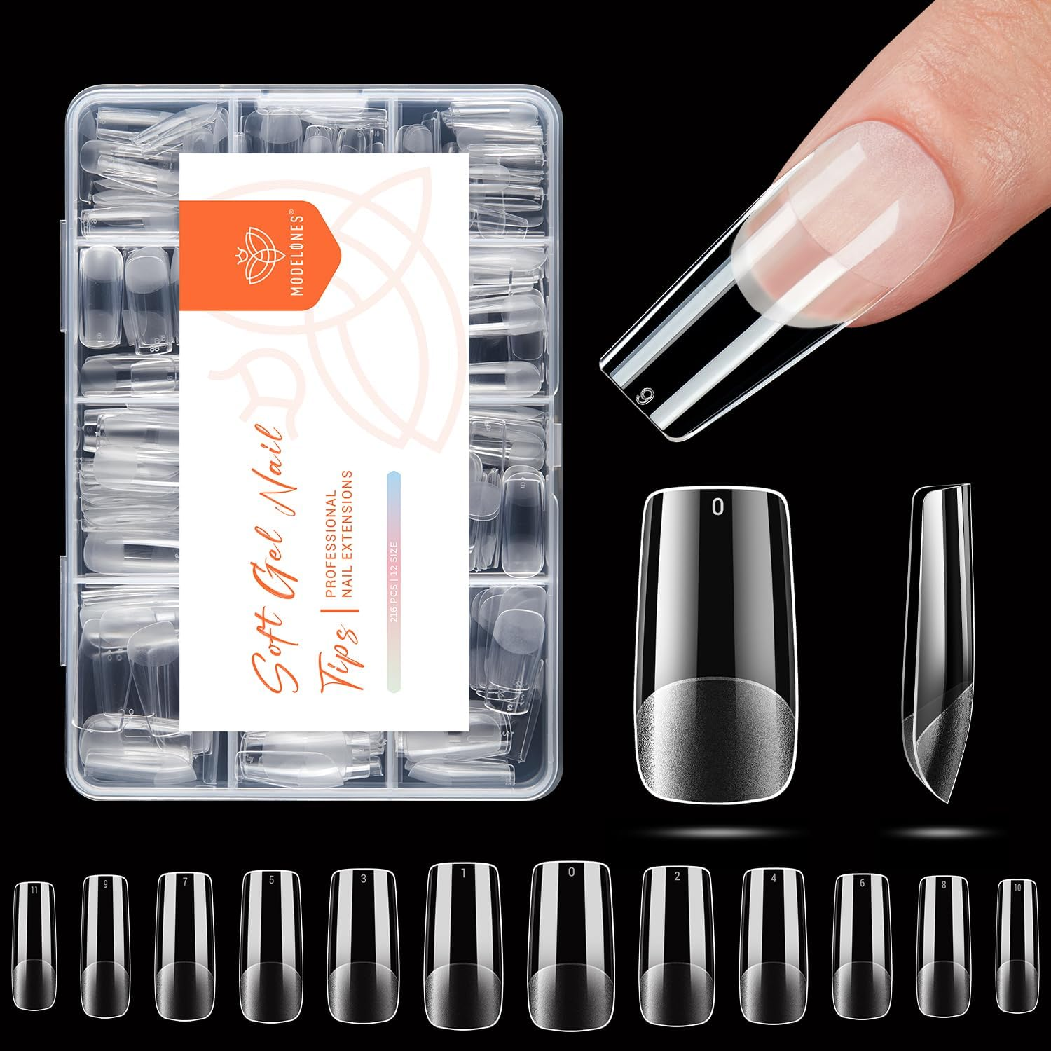 Modelones Medium Square Nail Tips, 216PCS 12Sizesc Pre-Shaped Gel X Nail Tips Full Cover False Fake Nails Soft Gel Acrylic Nail Extension Kit