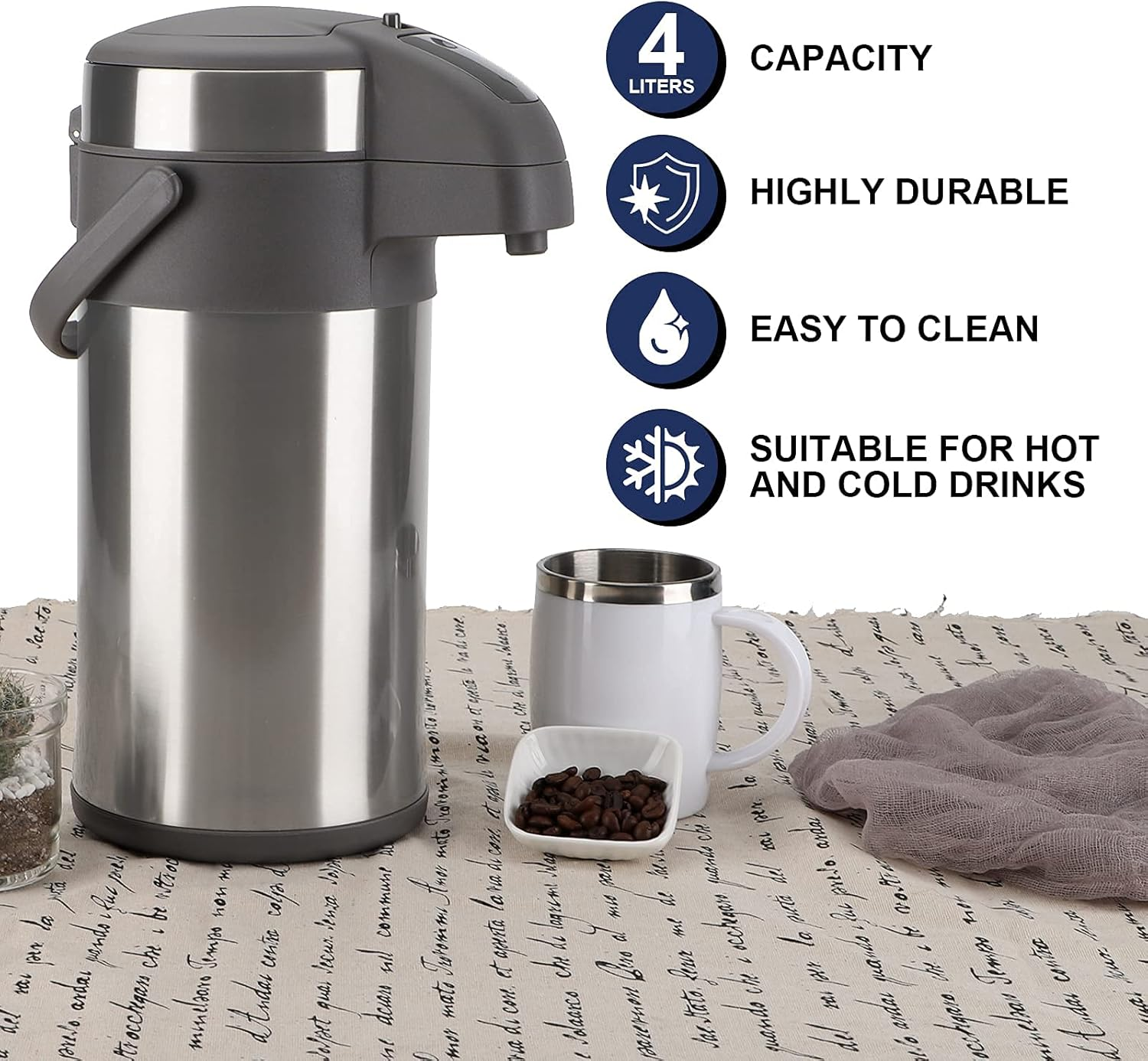 Olerd 4.0 Litre Pump Jugs Thermos Flasks Coffee Dispenser, Stainless Steel Do... - Picture 4 of 13