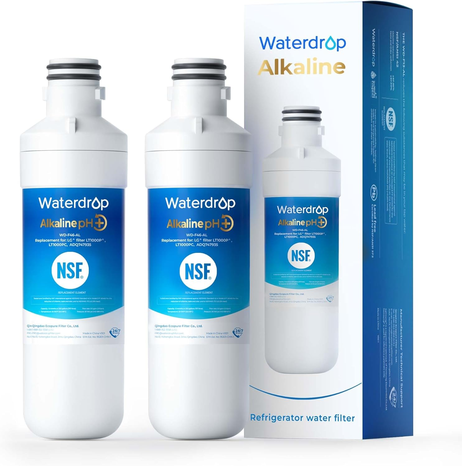 Alkaline LT1000PC ADQ747935 Replacement for LG® LT1000P®/PC/PCS Thinq® Refrigerator Water Filter, LFXS26973S, LMXS28626S, LMWS27626S, LFXS28596S, LFXS26596S, Enhance PH, 2 Filters