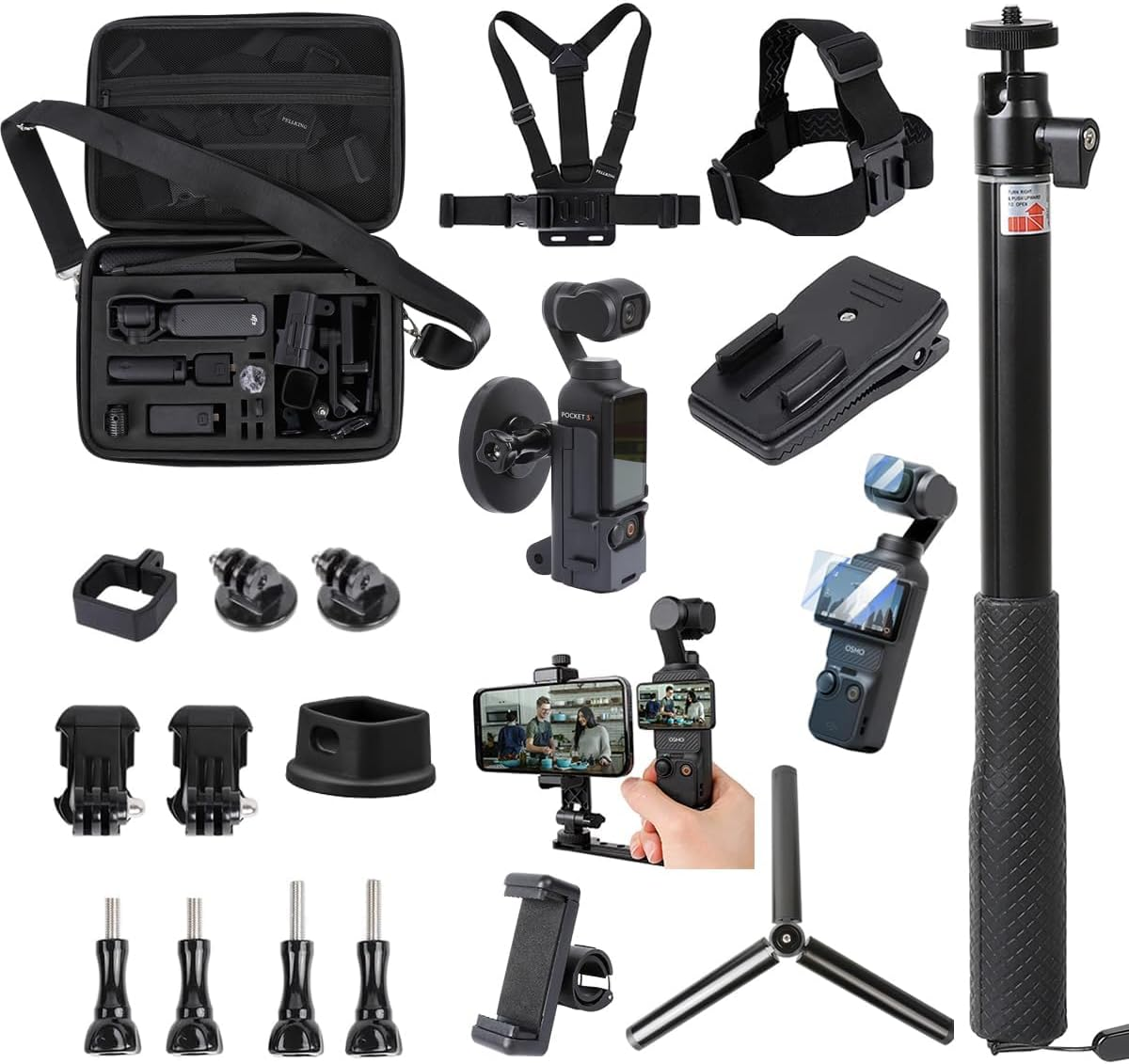 21 in 1 Accessories Kit for OSMO Pocket 3 Xtra Muse,Including Hard Shell Case,Magnetic Mount,Desk Base Mount,Selfie Stick,Tripod,Chest Mount,Mobile Phone Holder,Screen Protector,Backpack Clip