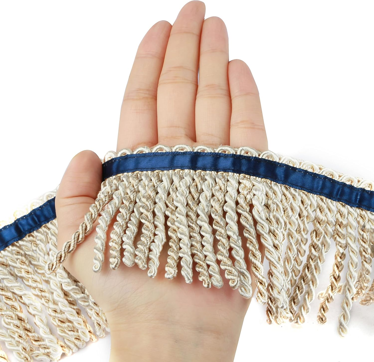 Curtain Fringes Bullion Fringe Trim with Blue Ribbon 5.3 Yard X 3 Inches Fabric Trims Sewing DIY Decoration for Curtain Sofa Clothes (Mix Beige)