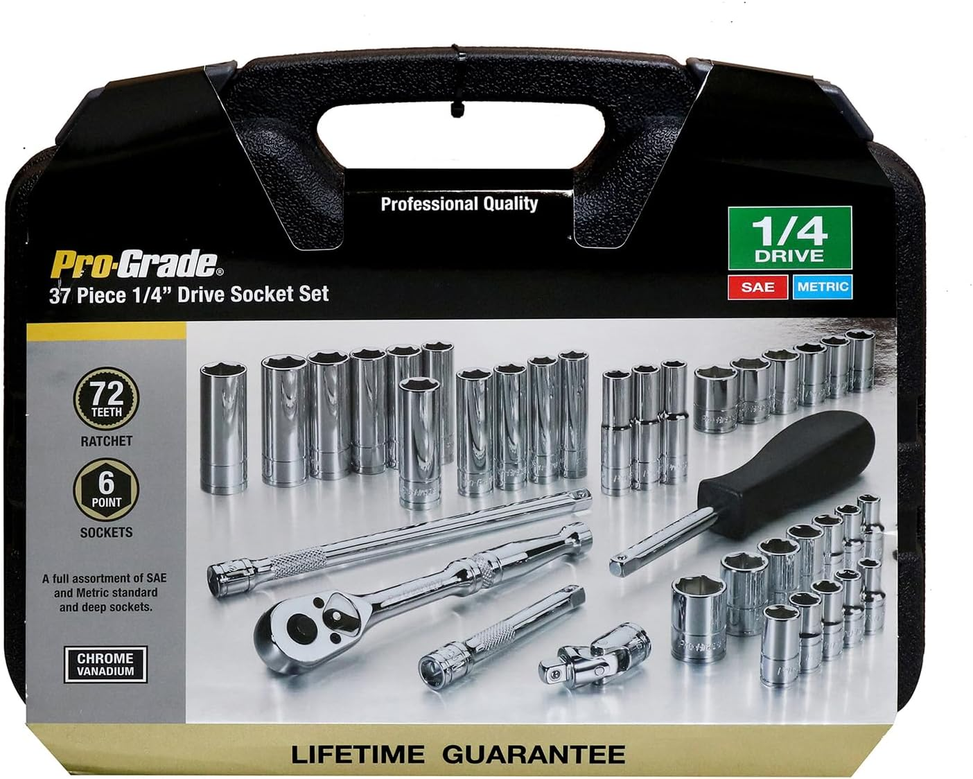 Pro-Grade 37-Piece 1/4-Inch Drive Sae/Metric Mechanics Tool Set, 19216
