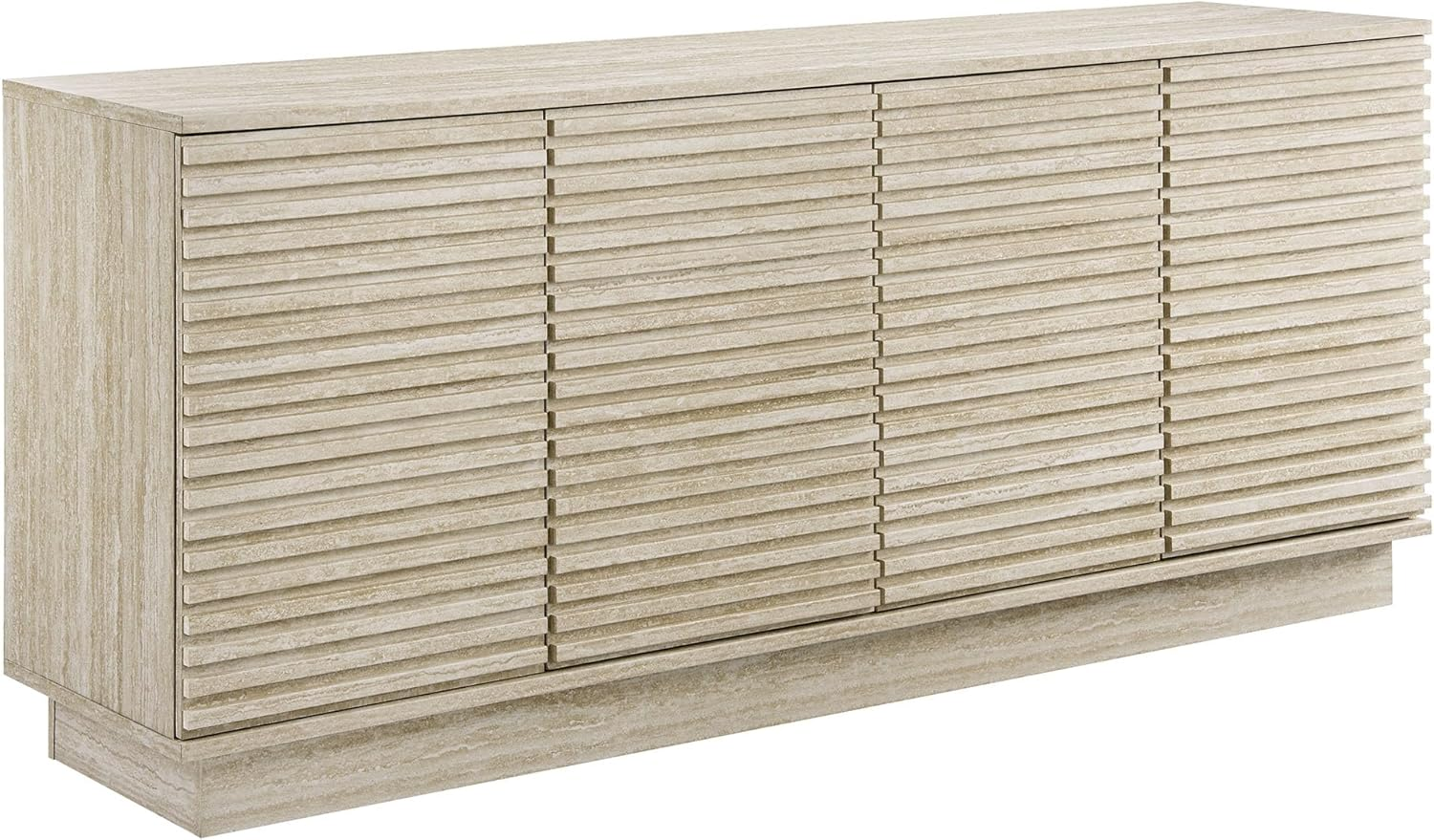Render Faux Travertine Mid Century Modern Sideboard in Travertine - 70 Inch Buffet Table with 4 Slatted Doors - Credenza Storage Cabinet - High TV Stand for Wall Mounted Tvs