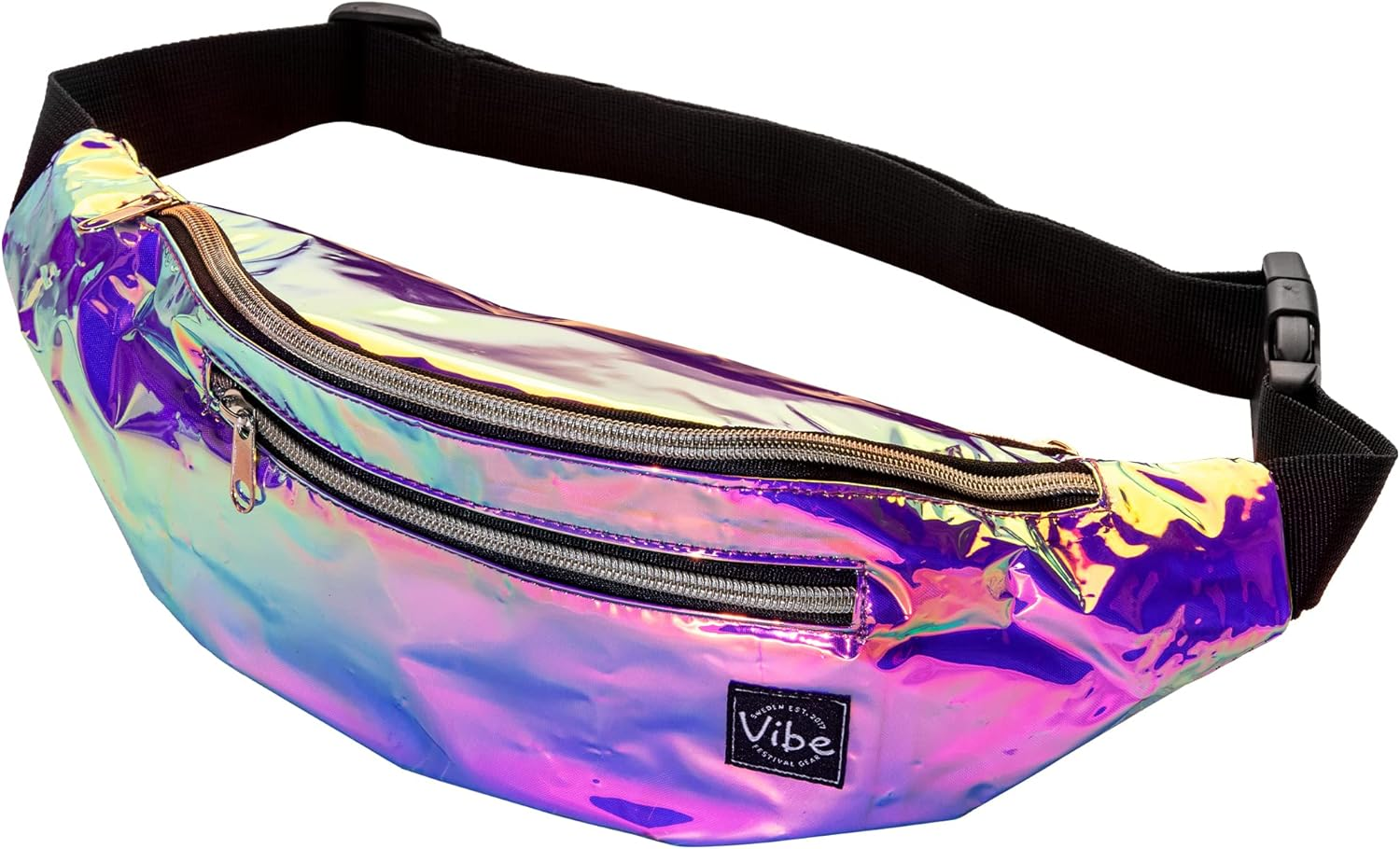 Fanny Pack for Men Women - Many Prints - Black Holographic Silver Gold Cute Waist Bag for Festival Rave Hiking Running Cycling