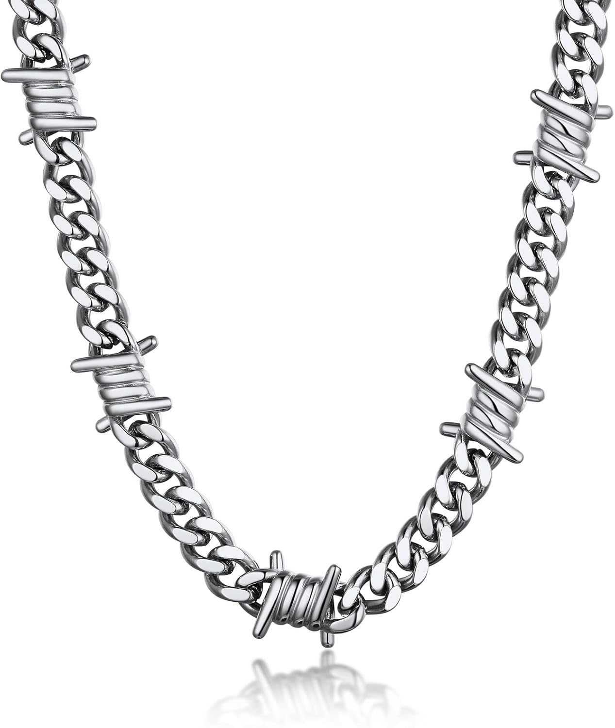 Barbed Wire Cuban Chain Necklace for Women Men Stainless Steel/Black Thorns Choker Necklaces 16 Inch-22 Inch Punk Emo Chains Jewelry -Gift Packed