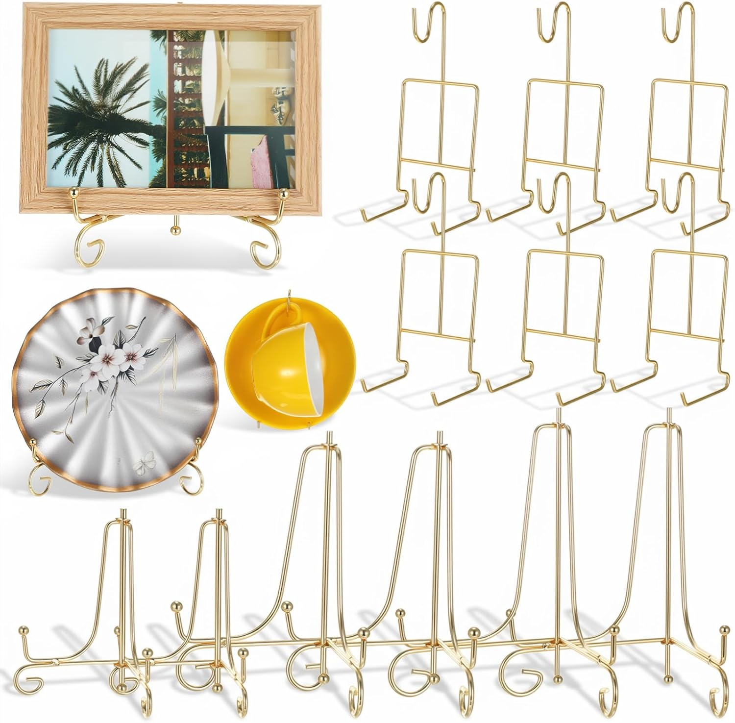 Gold Plate Display Stands Set - 6 Pcs for Plates, Cups, Frames, and Art
