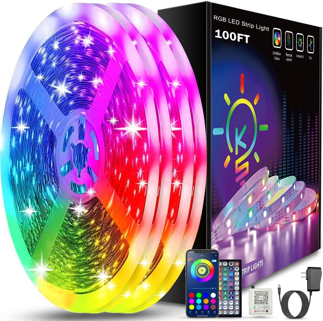 100Ft Led Strip Lights Bluetooth Smart App Control Music Sync Color Changing RGB Led Light Strip with Remote,Led Lights for Bedroom Room Home Decor Party Festival 