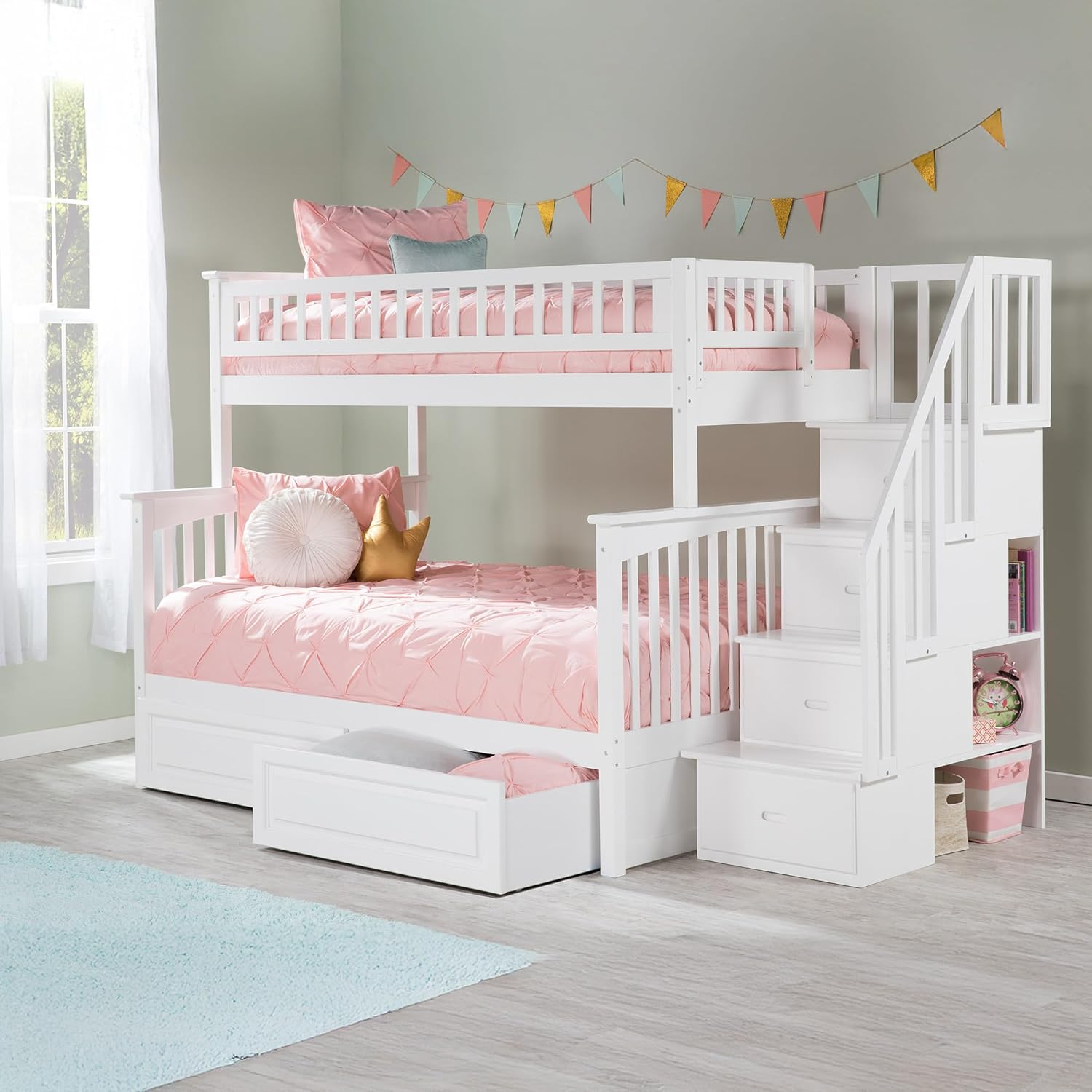 , Columbia Staircase Bunk Bed Twin over Full with Raised Panel Bed Drawers, White