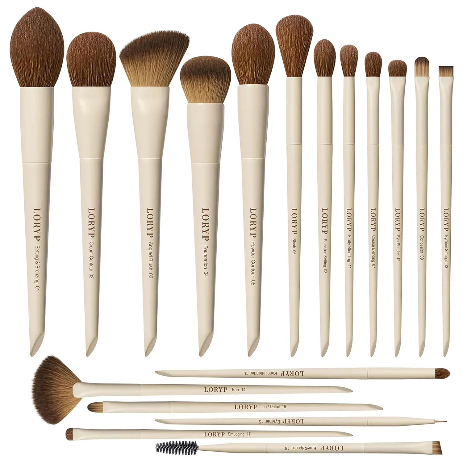 Juego de 18 brochas de maquillaje etiquetadas para rostro y ojos, base de pelo ultra suave