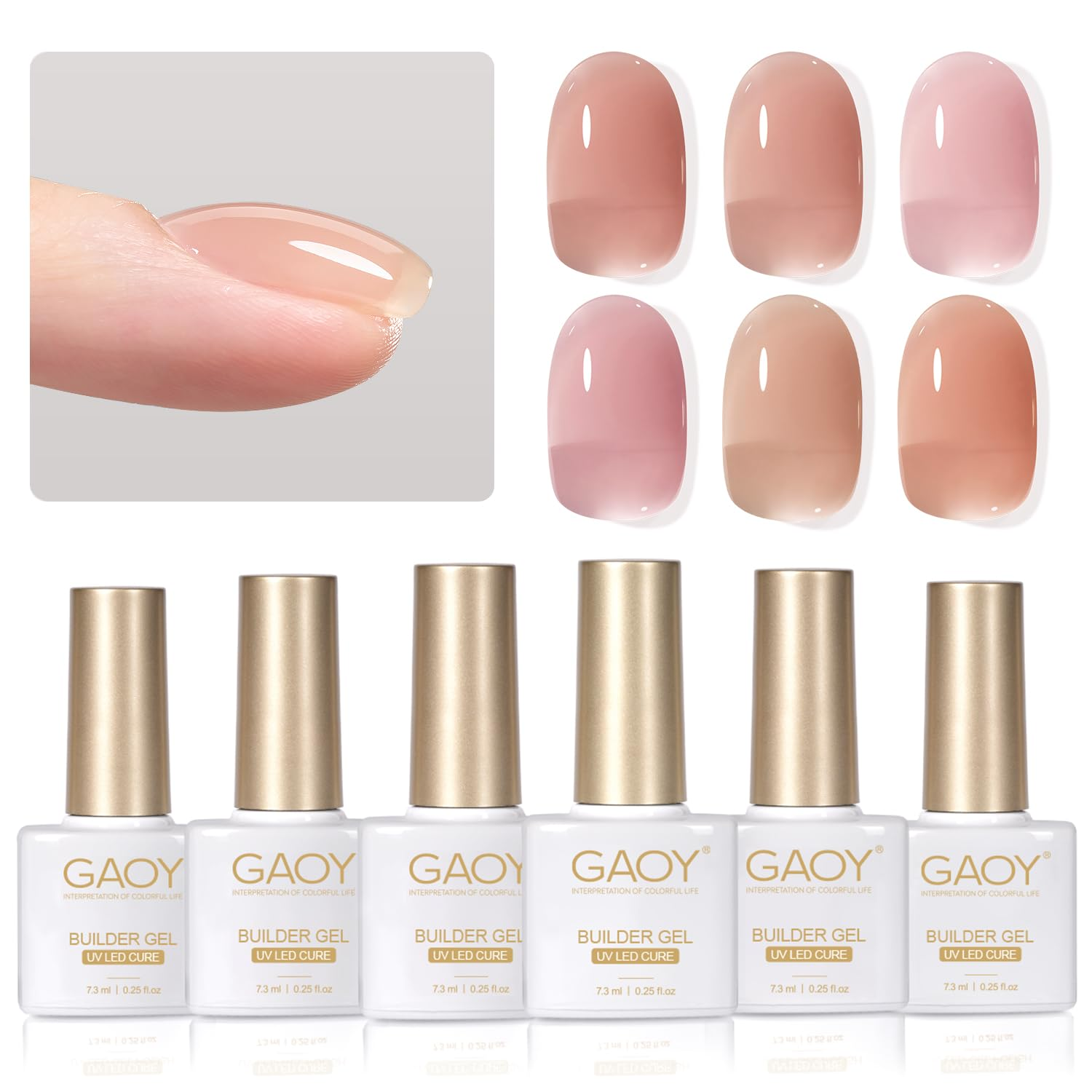 6 Colors Builder Gel Set for Nails, Milky White Pink Nude Sheer Jelly Nail Strengthener, Soak off Nail Extension Hard Gel, Rose Jelly, Base Coat Top Coat Needed