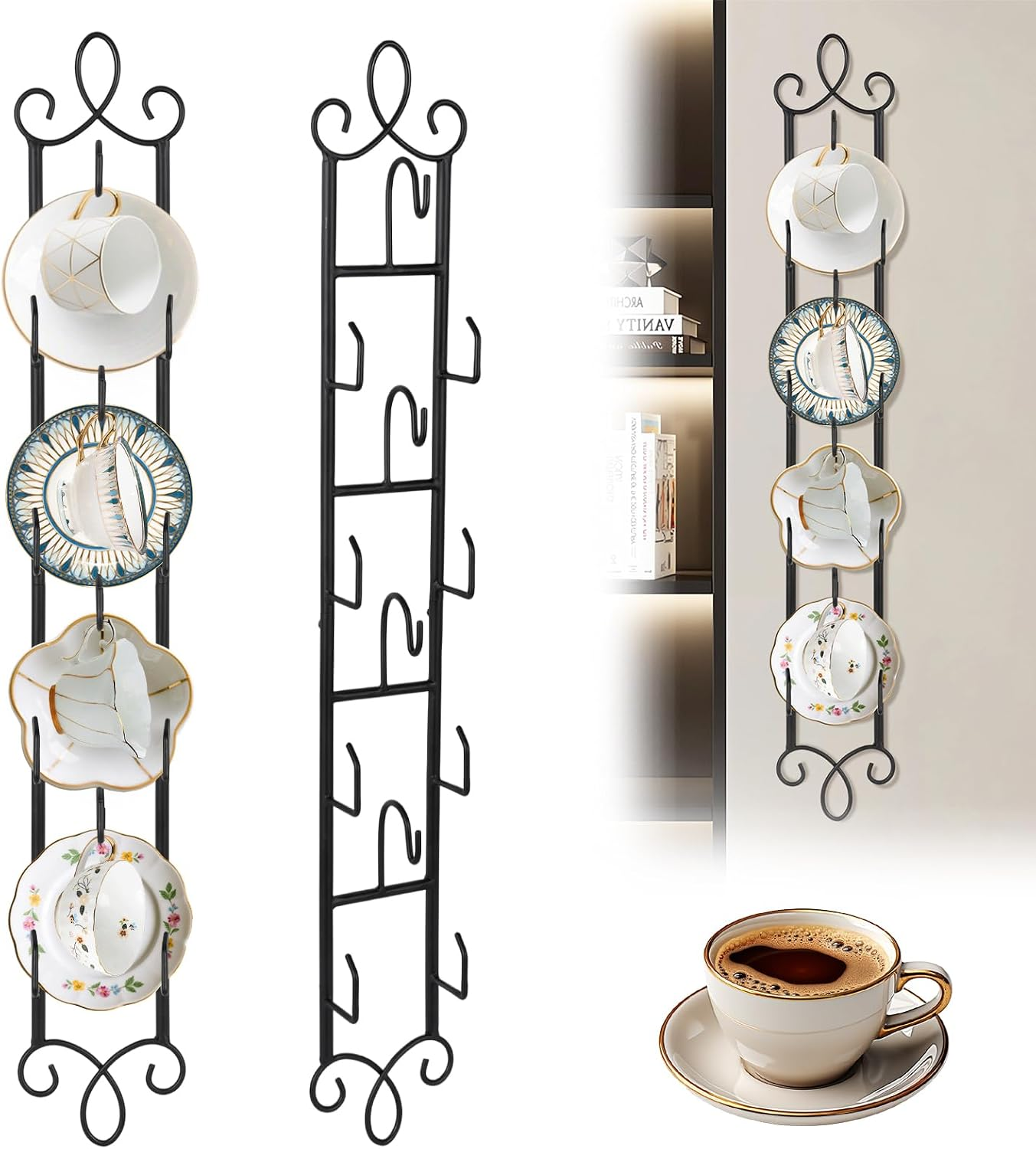 2 Pcs Tea Cup and Saucer Display Stand 4 Tiers Wall Mounted Tea Cup Display Rack Vertical Wire Tea Coffee Cup Plate Holder Decorative Display Shelf for Coffee Mugs
